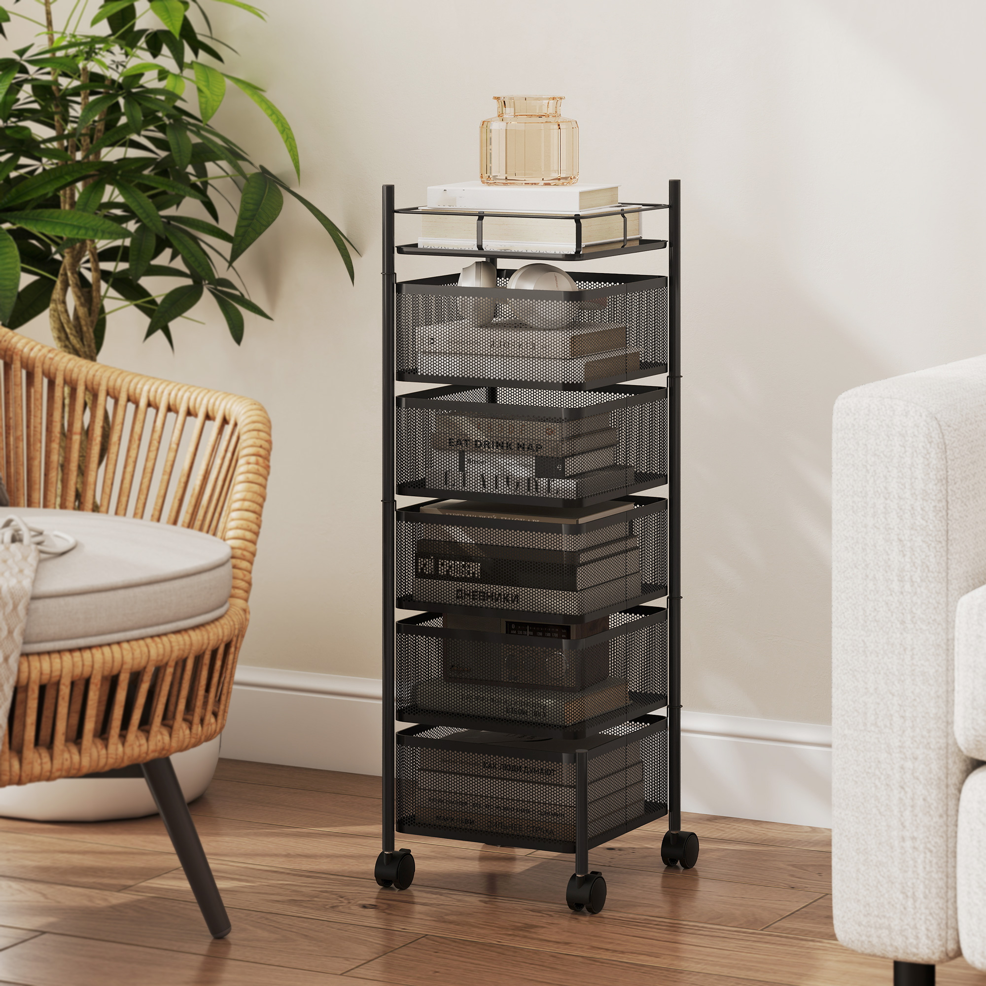 Küchenwagen, 5 drehbare Körbe, 4 Lenkrollen, Metallrahmen, Schwarz