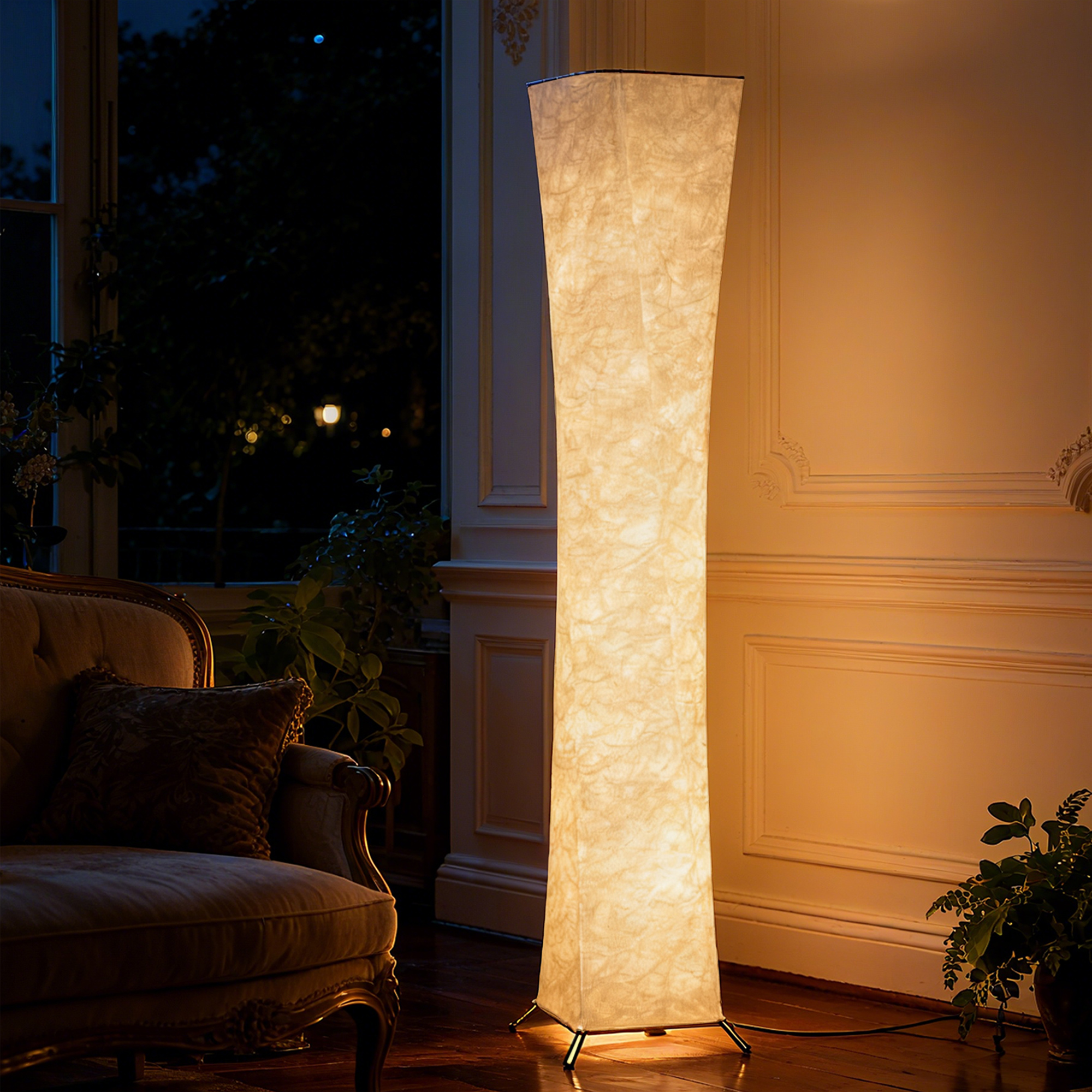 Stehlampe mit Papierschirm, Fußschalter, 3 Helligkeitsstufen, Weiß