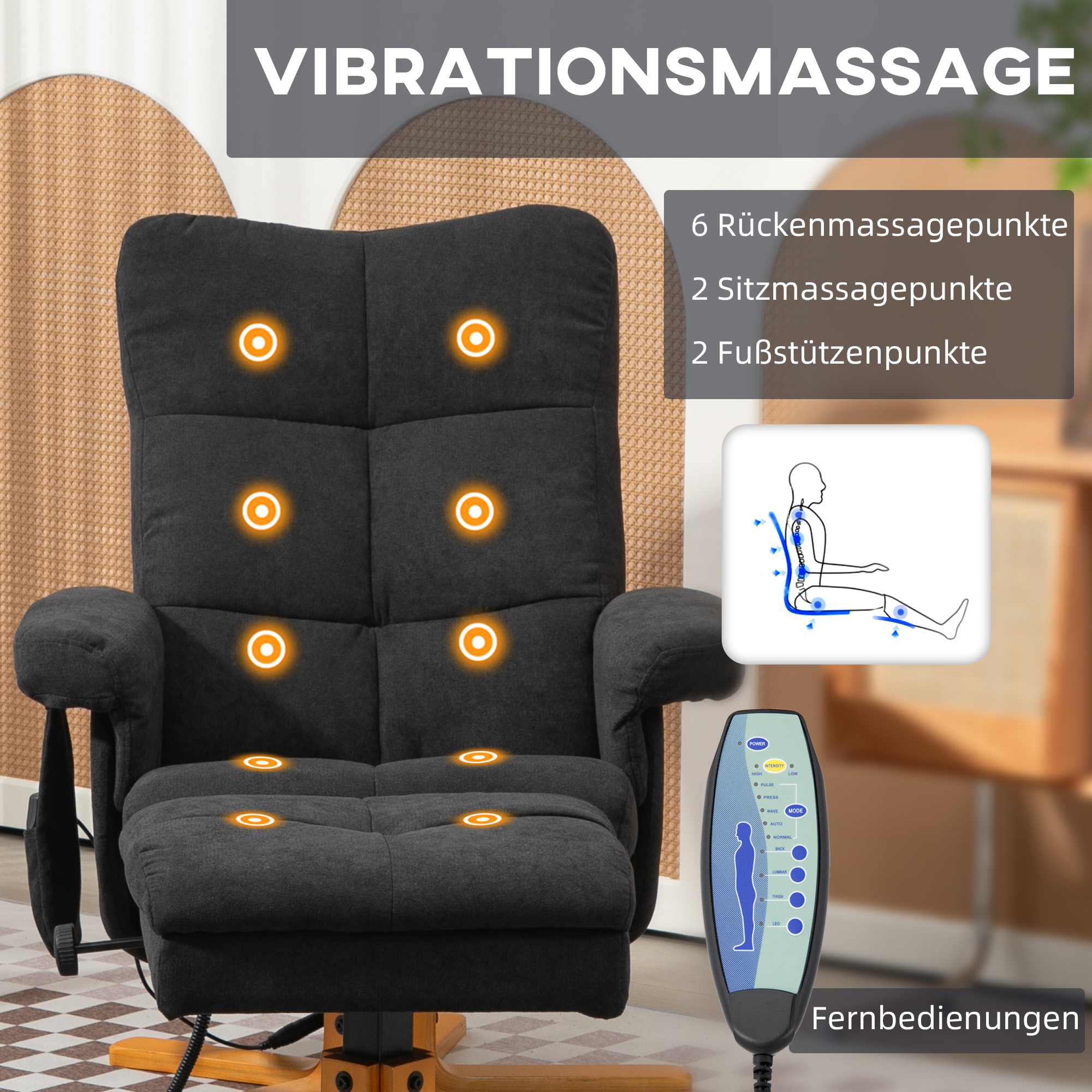 Massagesessel mit Liegefunktion und Fußhocker, 145°-Neigung, Polyester, 80 x 86 x 99 cm, Schwarz