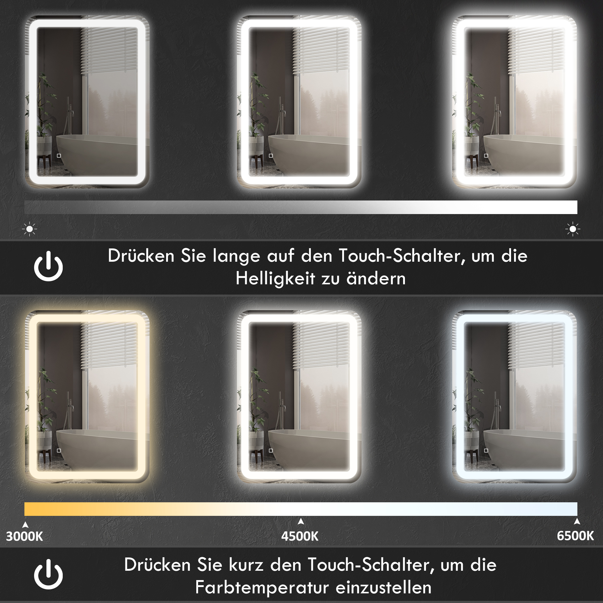 Badezimmerspiegel, beleuchtet, Touch-Steuerung, beschlagfrei, dimmbar, 3 Lichtfarben, 60 x 80, Silber