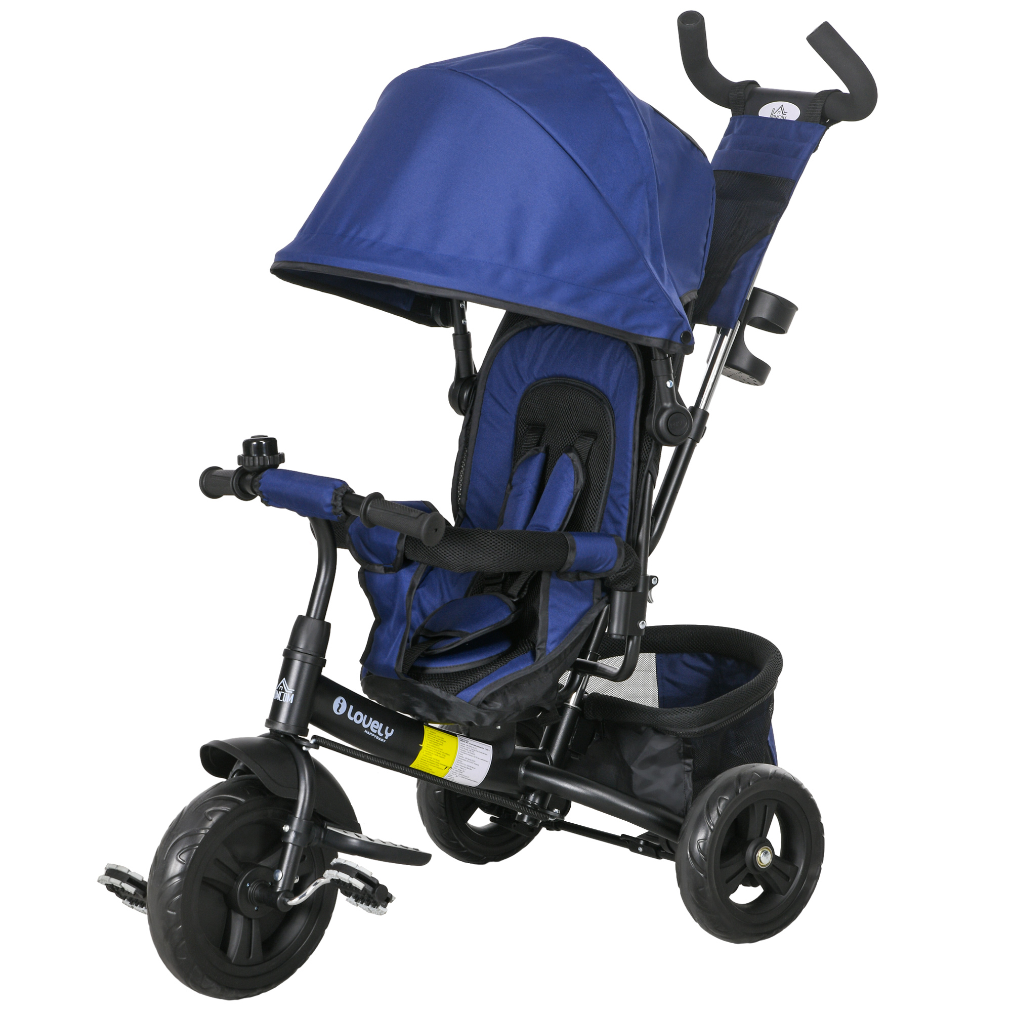 Kinder-Dreirad, Kinderfahrrad, Rückenkorb, Becherhalter, Sonnendach, Metall, Dunkelblau