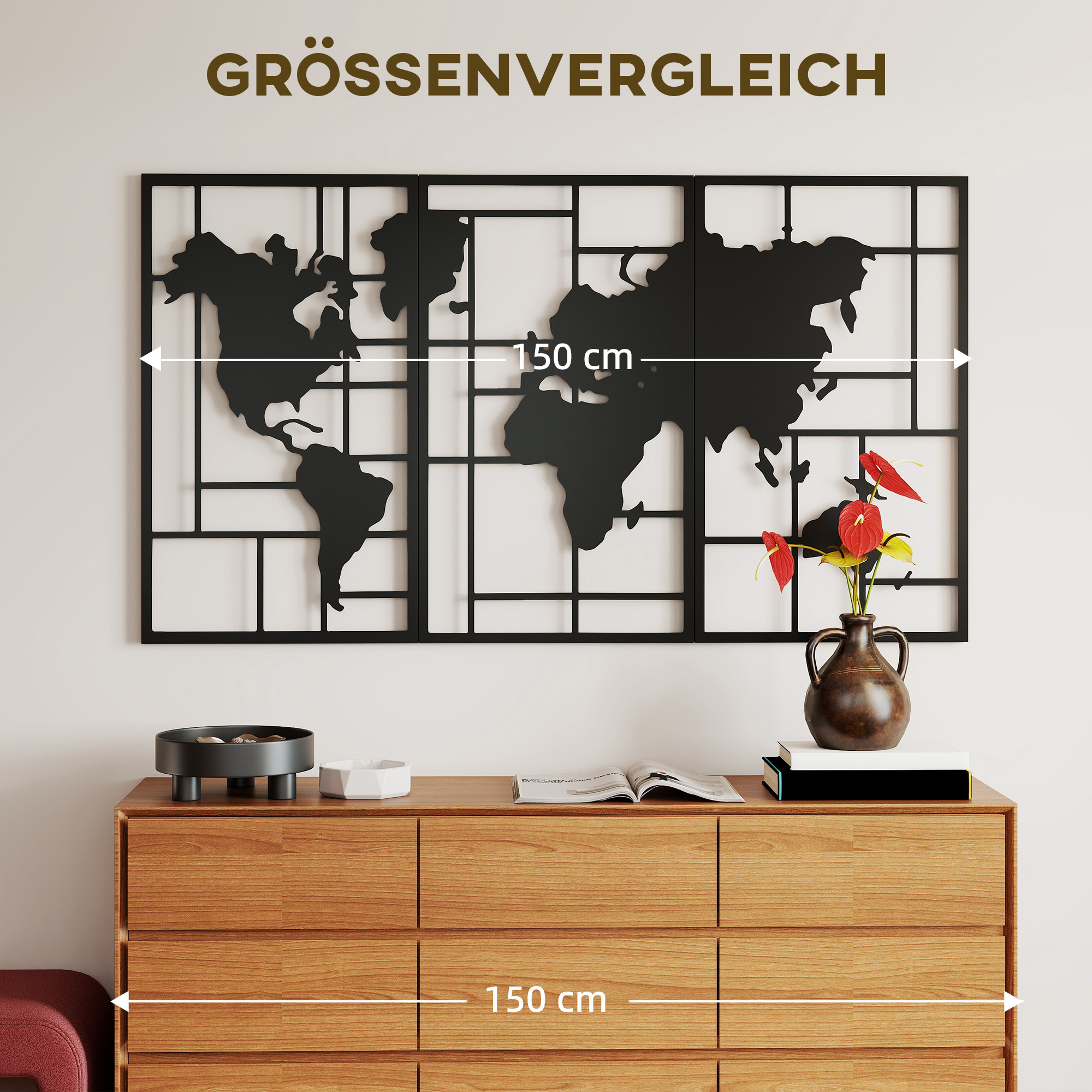Wanddeko Metall 3 Stück Wanddekoration Weltkarte Wandkunst für Wohnzimmer Schlafzimmer Flur, 50 x 80 cm, Schwarz