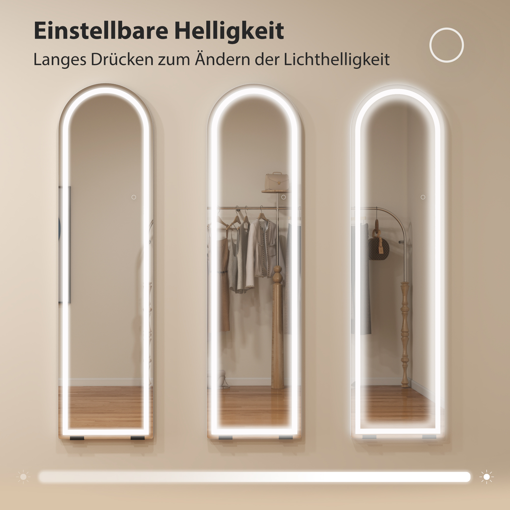 Ganzkörperspiegel mit LED-Lichtern, 150 x 40 cm, bogenförmig, dimmbar, 3 Lichtfarben, freistehend oder Wandmontage, Weiß