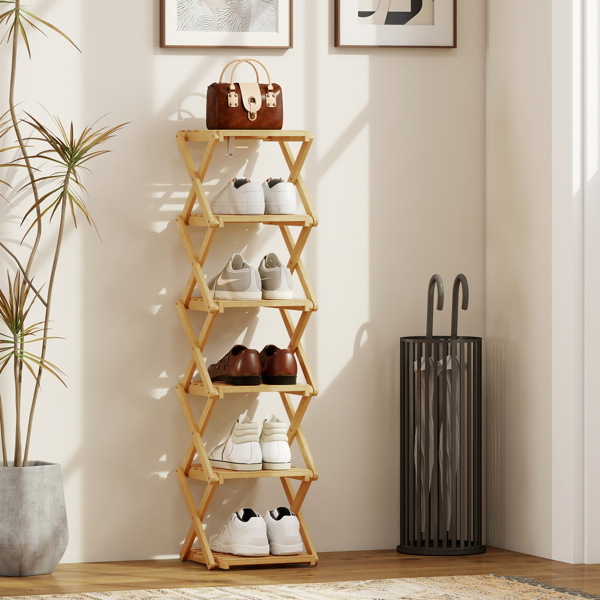 Schuhregal, klappbar Schuhständer mit 6 Ebenen aus Bambus, für max. 9 Paar Schuhe, 30 x 29 x 108 cm, Natur