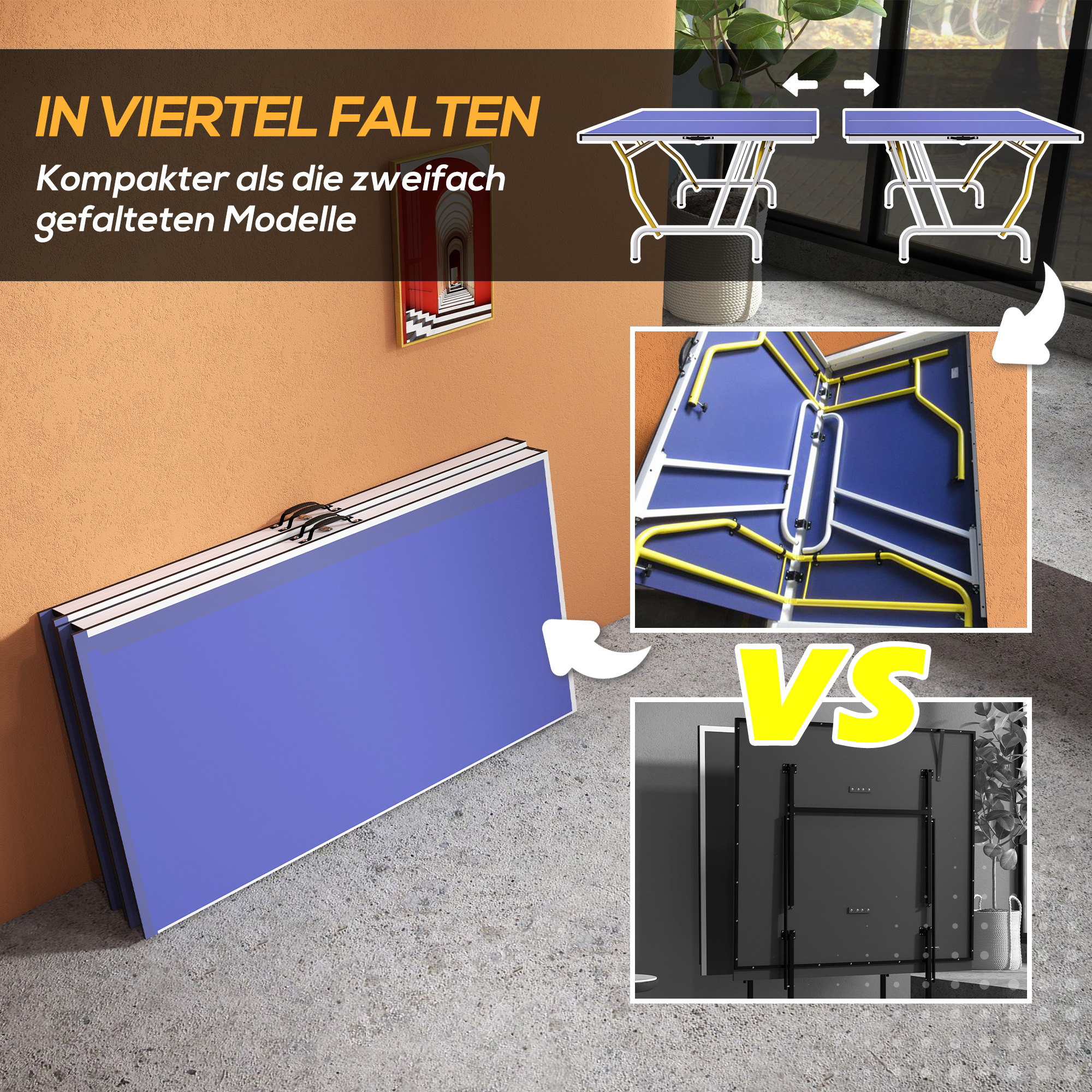 Tischtennisplatte, klappbar, inkl. 2 Schläger, 3 Bälle, Netz, In- & Outdoor, Metallgestell, 274x152x76cm, Blau