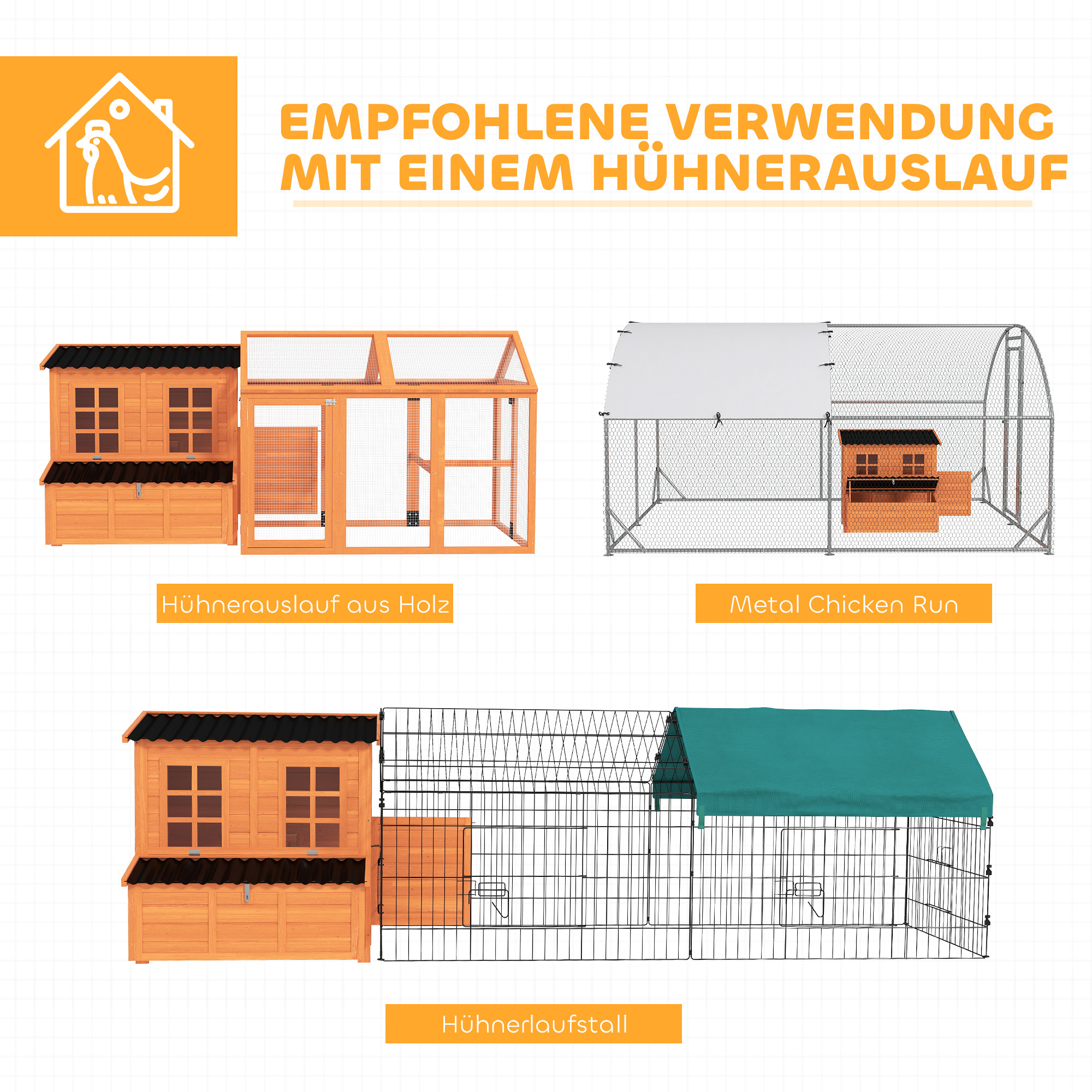 Hühnerstall mit Nestkasten für 4-6 Hühner, Wasserfestes Dach, Tannenholz, Kunststoff, 100 x 86 x 100 cm, Orange