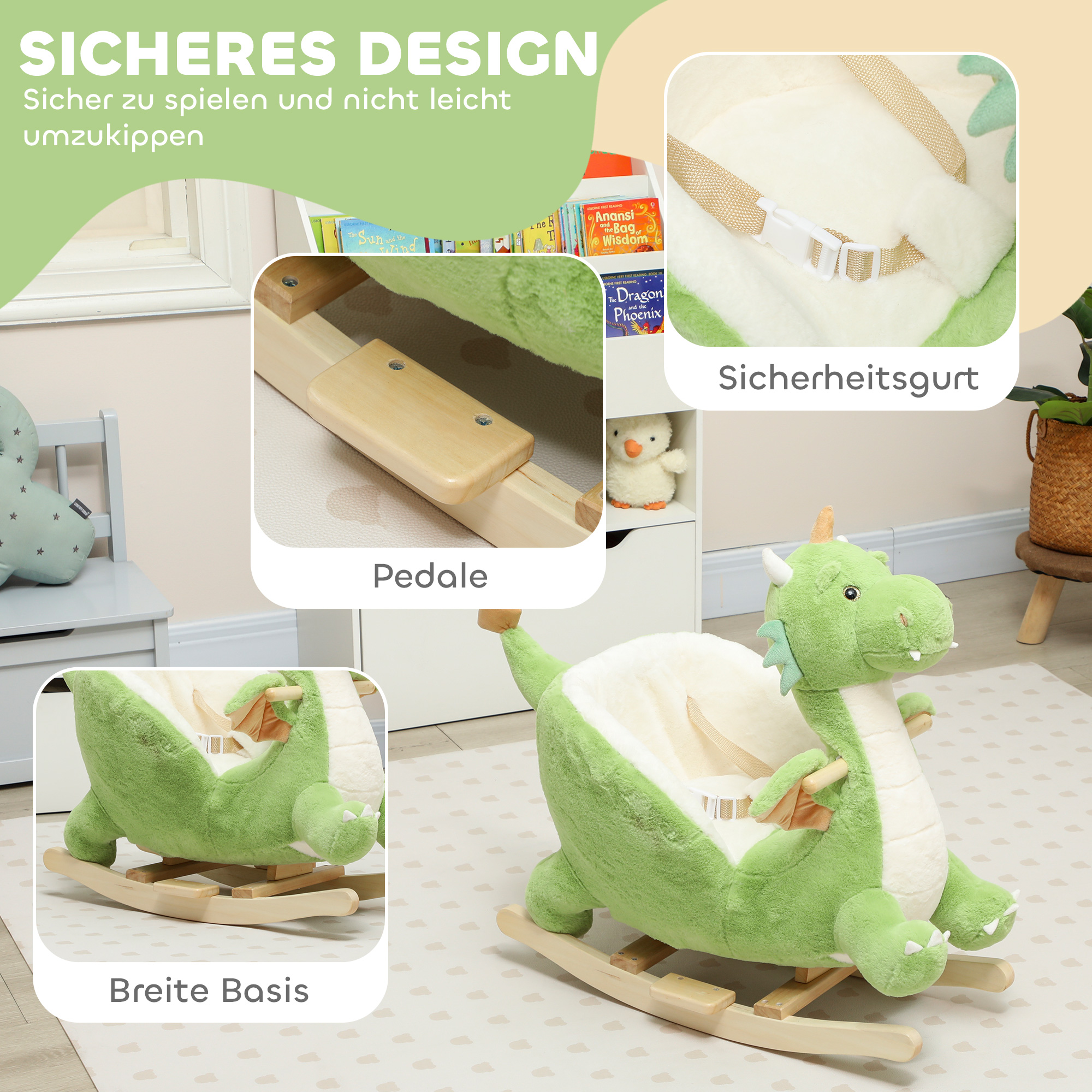 Schaukeltier, Dinosaurier-Schaukel, interaktive Tiergeräusche, weiche Füllung, Holzrahmen, 65 x 38 x 72 cm, Grün