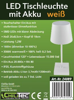 LED Akku Tischleuchte 26cm, dimmbar - USB-C, 160Lumen, 1200mAh, 3000k, Weiß