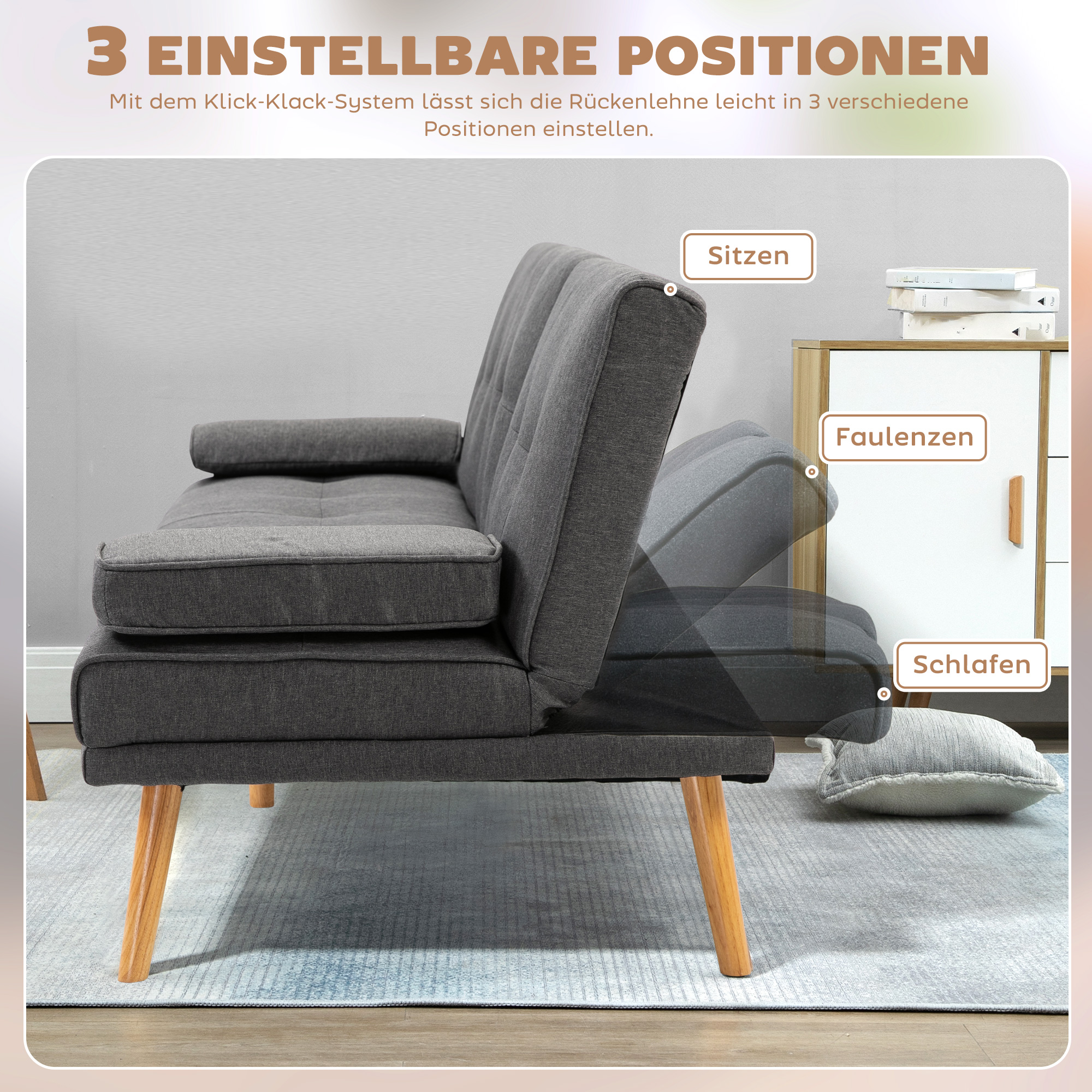 Schlafsofa im Skandi-Design, 3-Sitzer-Sofa, 2 Kissen, Grau + Natur