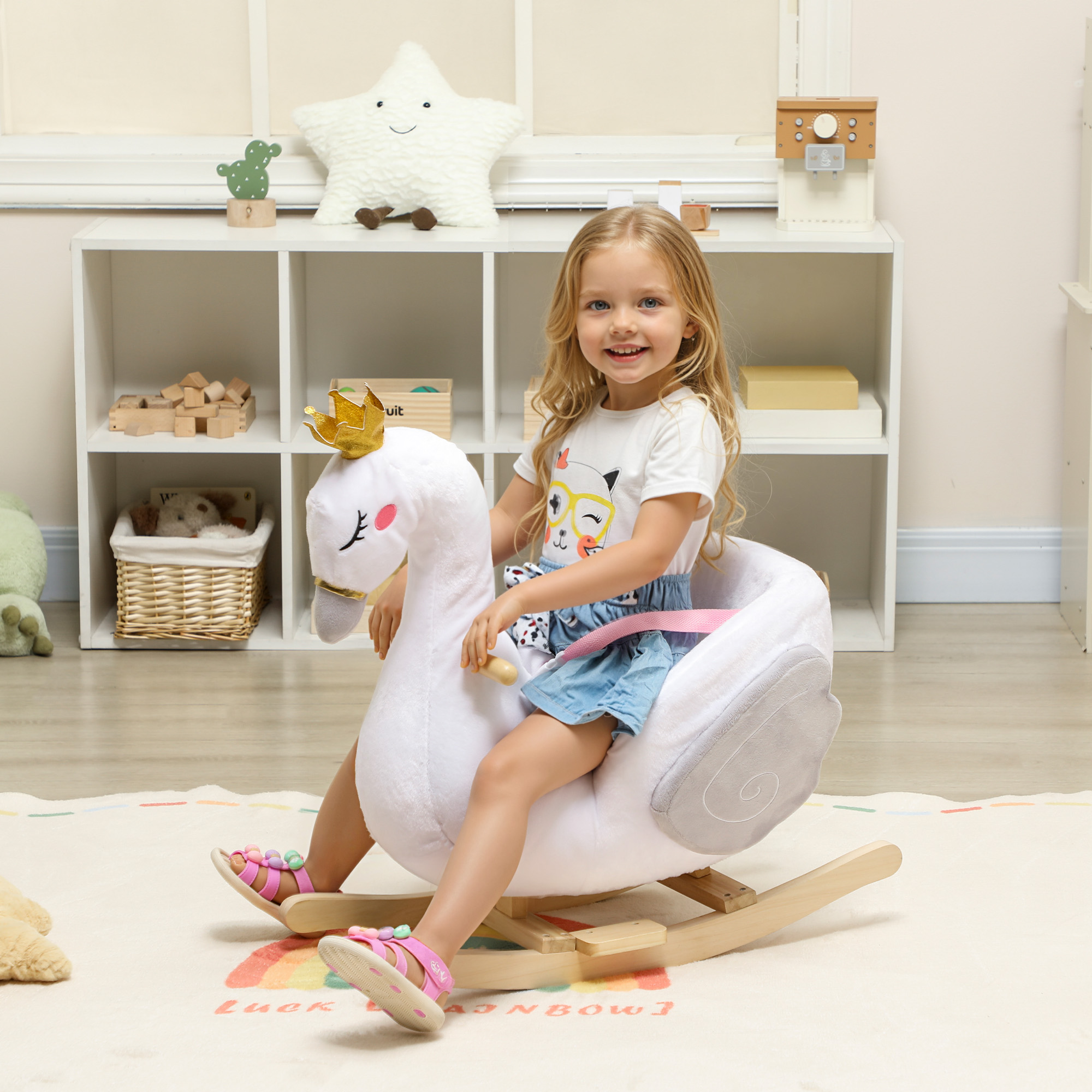 Schaukeltier, Schwan-Schaukel mit Schlaflied, weicher Füllung, Holzrahmen, für Kinder 1,5-3 Jahre, 65x40x68 cm, Weiß