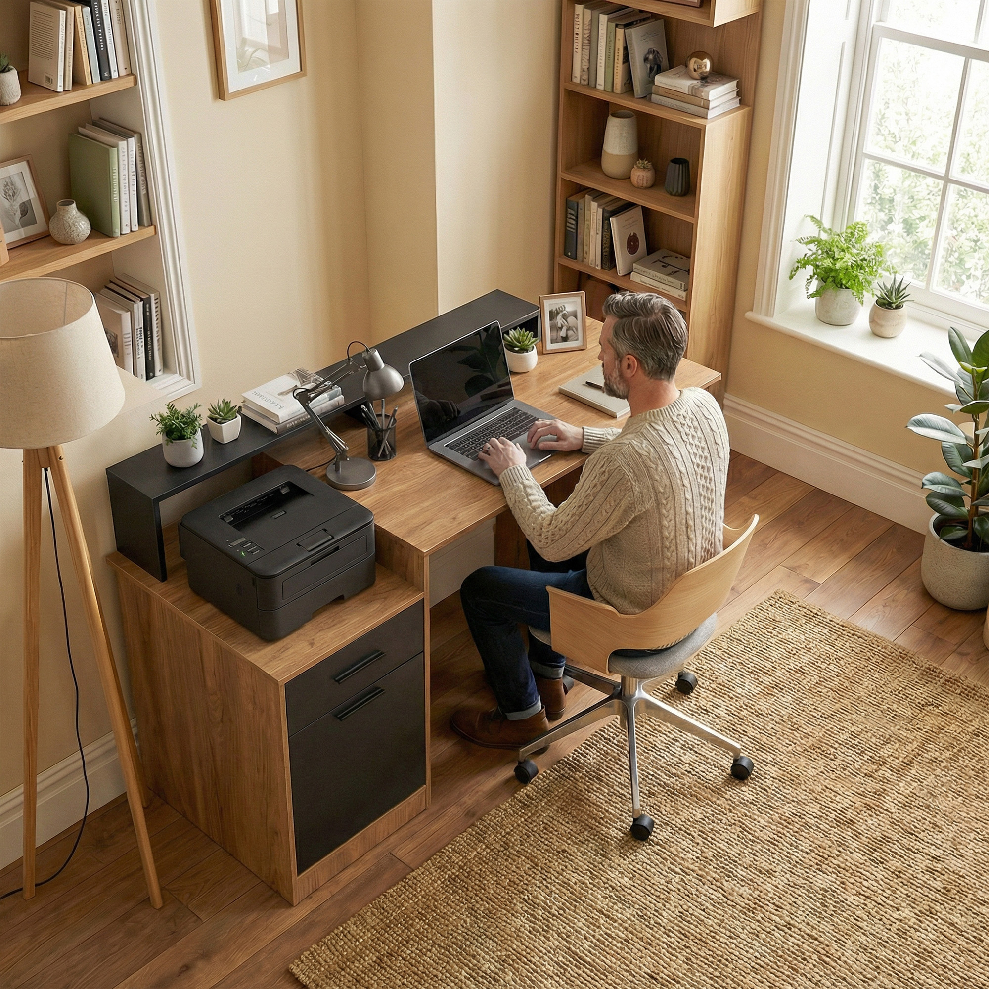 Computertisch mit Stauraum und Regalen, Moderner Schreibtisch für Büro und Arbeitszimmer, 140 cm, Eiche