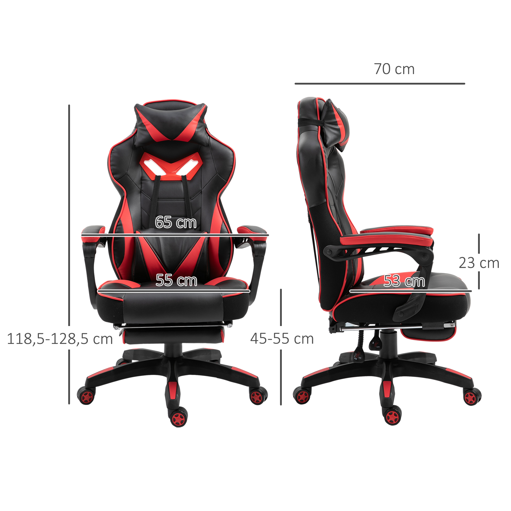 Ergonomischer Bürostuhl, Gaming Stuhl, Drehstuhl mit einziehbare Fußstütze und verstellbarer Rücken Schaumstoff+PU-Leder+Metall, Schwarz+Rot, 65 x 70 x 118,5-128,5 cm