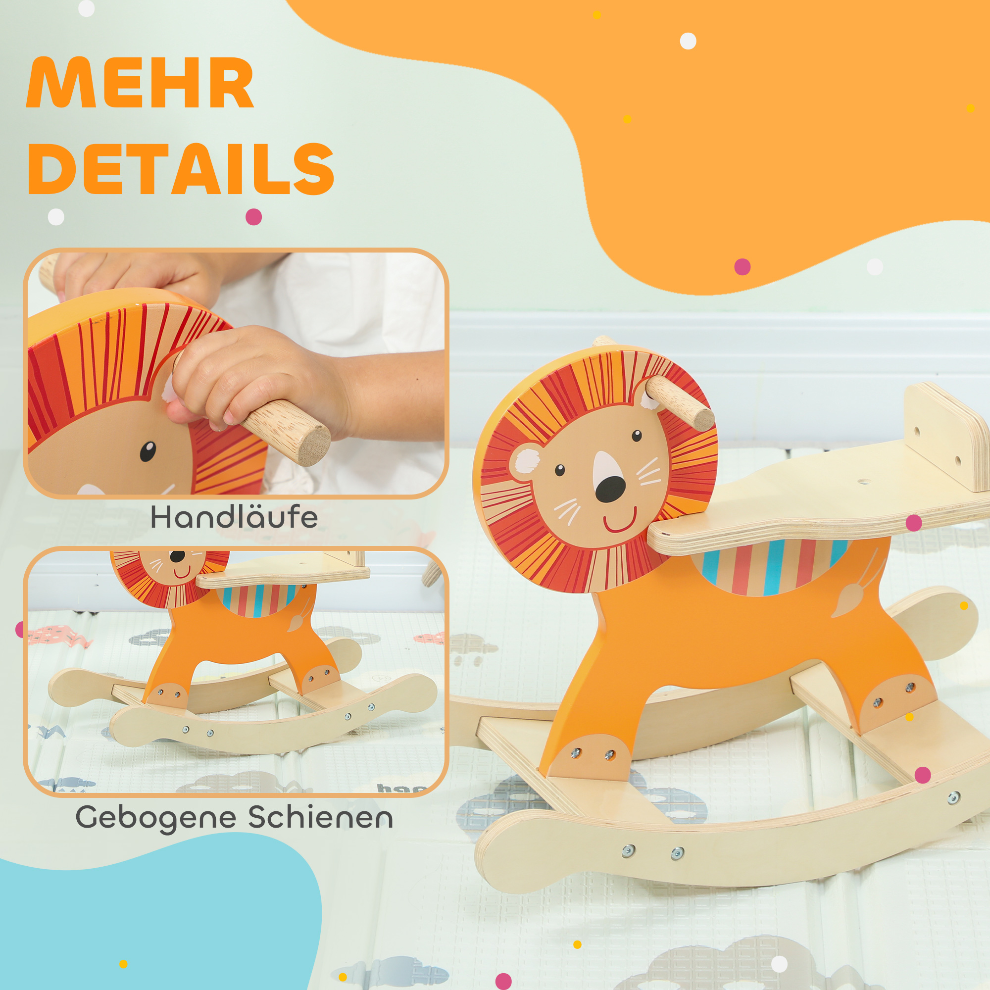 Schaukelpferd mit Löwen-Design, 25 kg Belastbarkeit, 2-5 Jahre, Holz, Orange