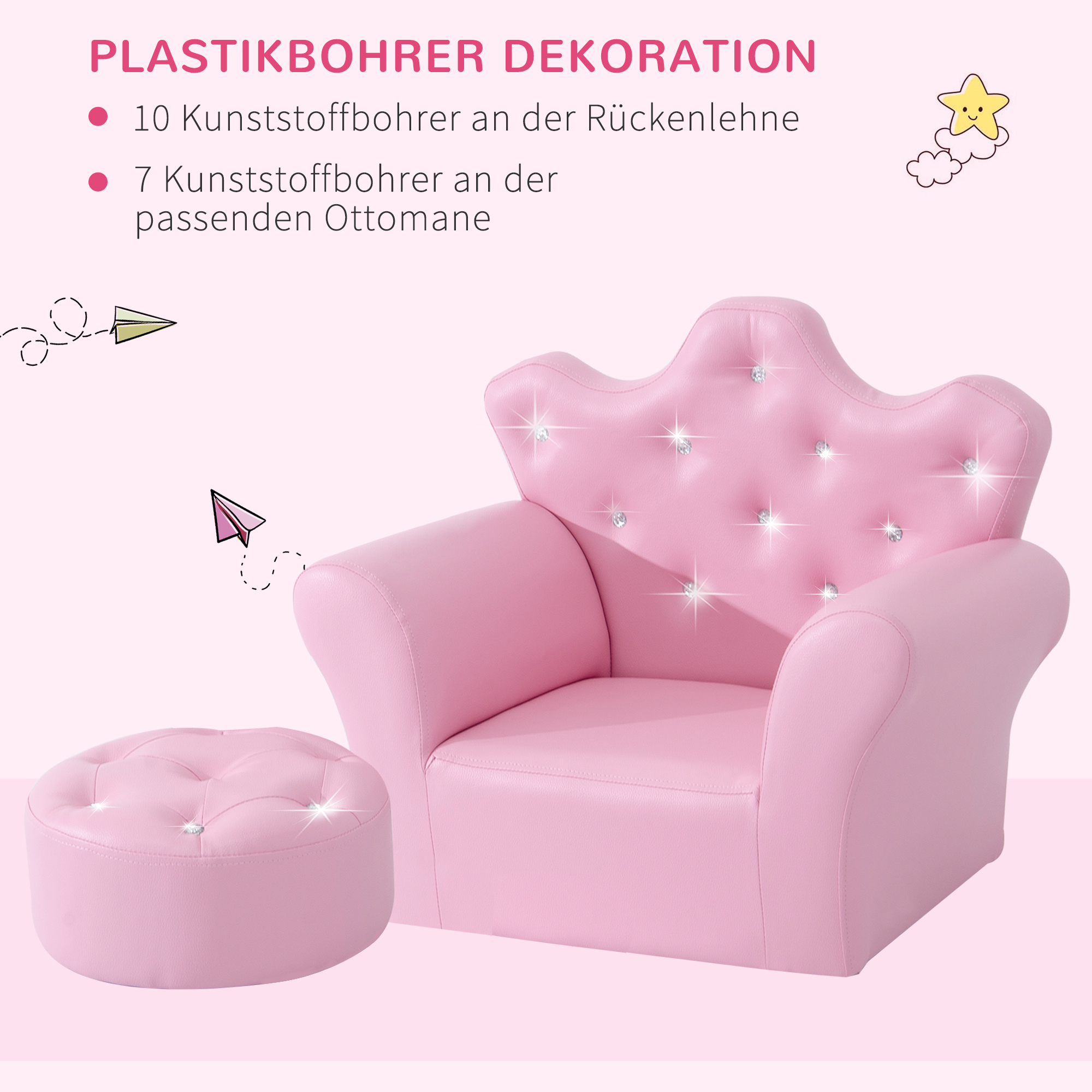 Kindersofa mit Ottomane, Kindercouch Prinzessinnen Kindercouch Mini Couch für Kuschelecke, Kinderzimmer, Spielzimmer, Schlafzimmer, Rosa