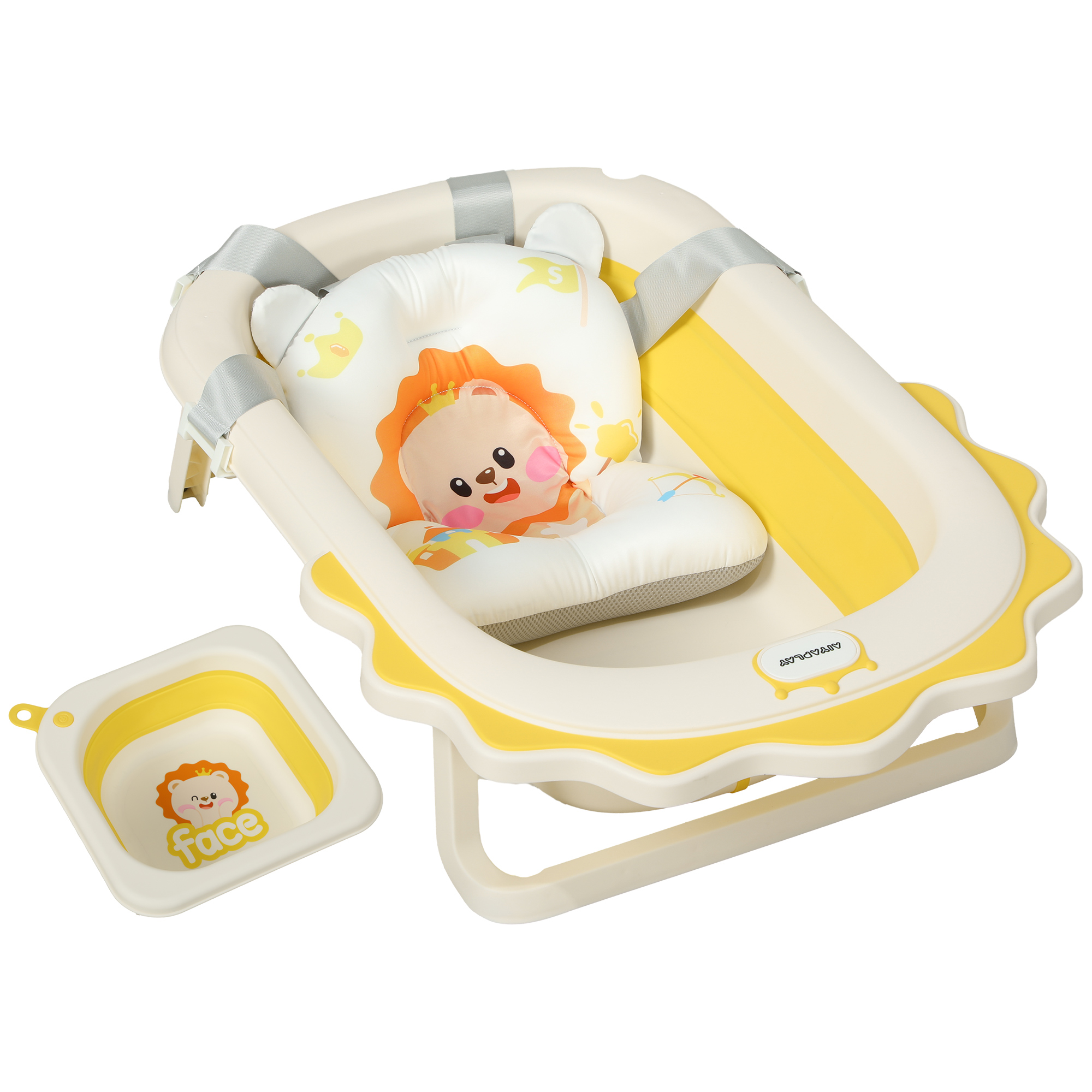 Babybadewanne mit Waschbecken, faltbar, rutschfester Boden, komfortables Badekissen, Gelb