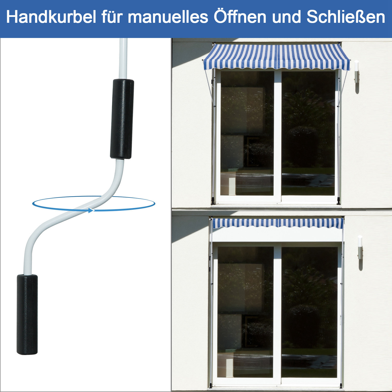 Klemmmarkise mit Handkurbel höhenverstellbar Gelenkarmmarkise schmutzabweisend, witterungsbeständig Balkonmarkise 150cm breit Terrassenmarkise für Terrasse Balkon Veranda Blau+Weiß
