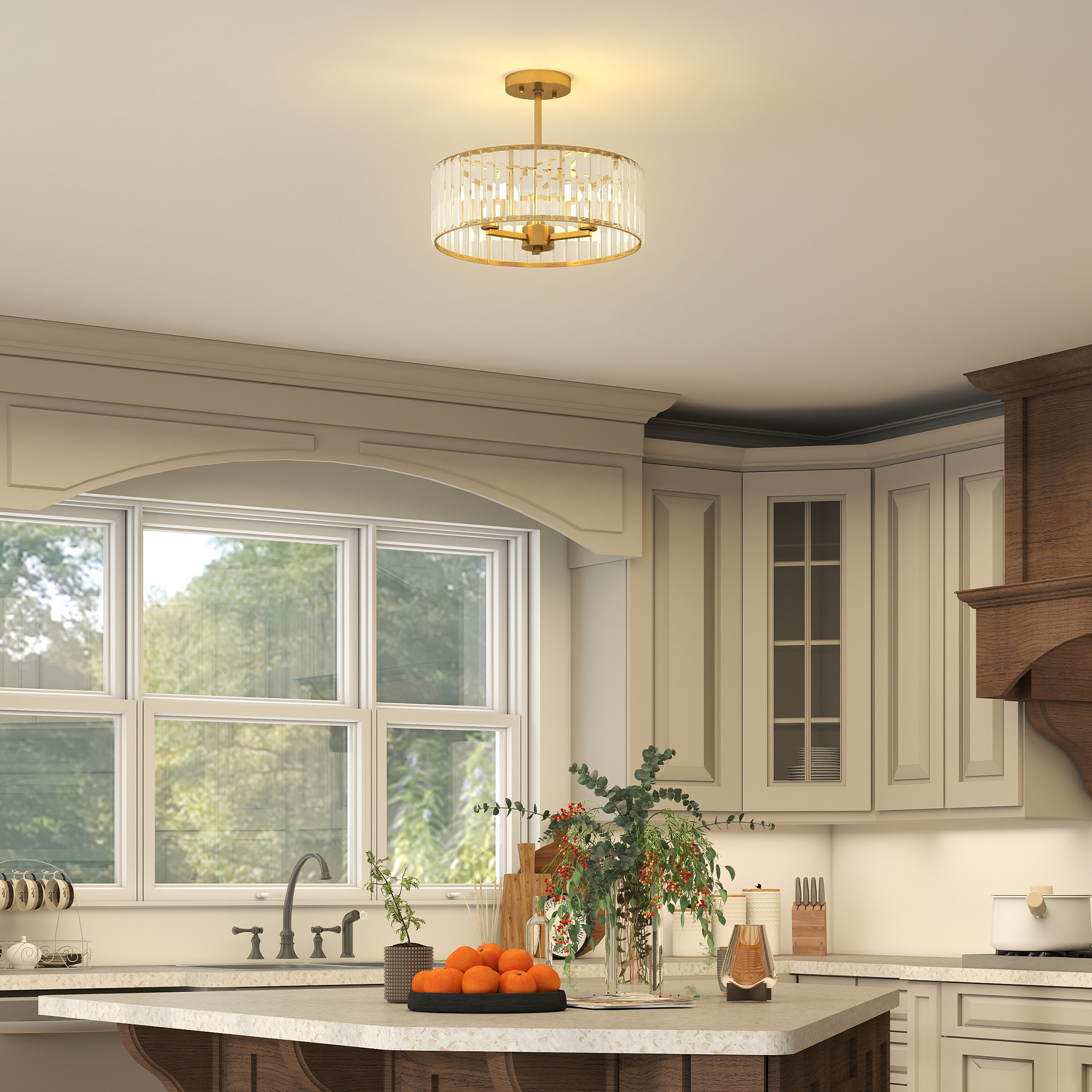 Deckenlampe, Kronleuchter-Design, Kristallschirm, 3 Glühbirnen, Metall, Goldfarben