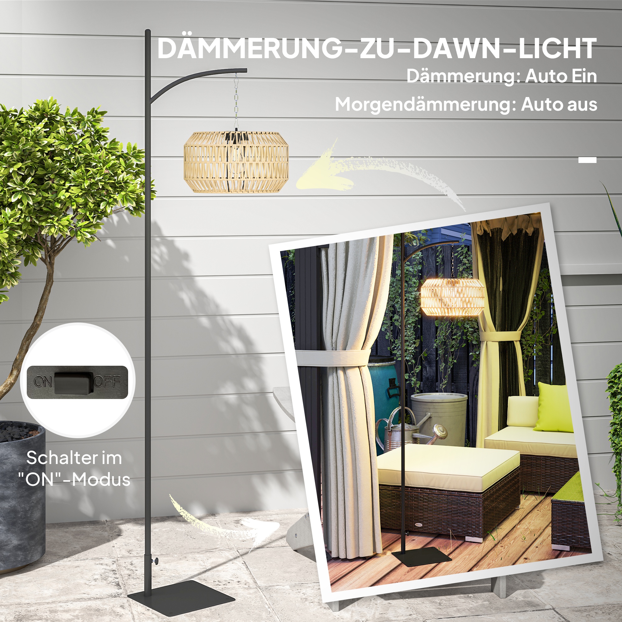 Solar Stehlampe Rattan Solarlampen mit Lichtsensor Automatische Solarleuchte im Boho-Stil IP44 Schwarz+Gelb
