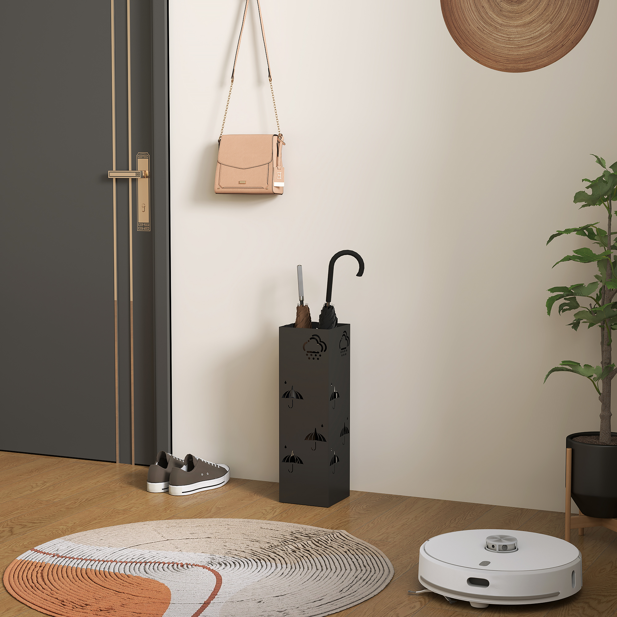 Schirmständer aus Metall, 4 Haken, Wolken- und Schirmmuster, Tropfblech, Schwarz