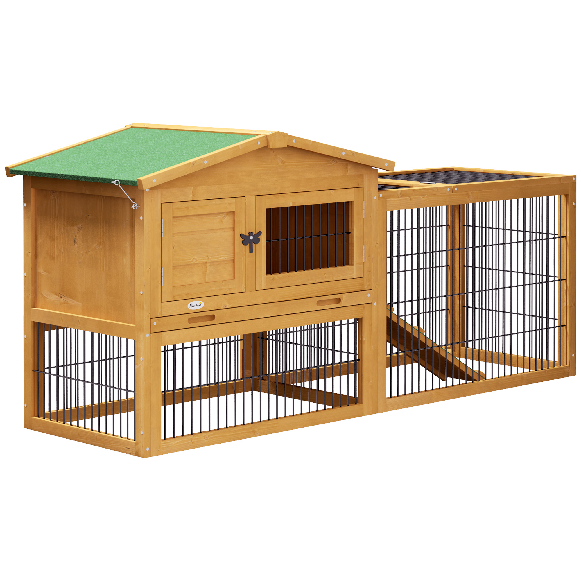Hasenstall 2 Ebenen Kaninchenstall Tannenholz Winterfest Doppelstockhaus mit Freilaufgehege Rampe 150x52x68 cm Gelb