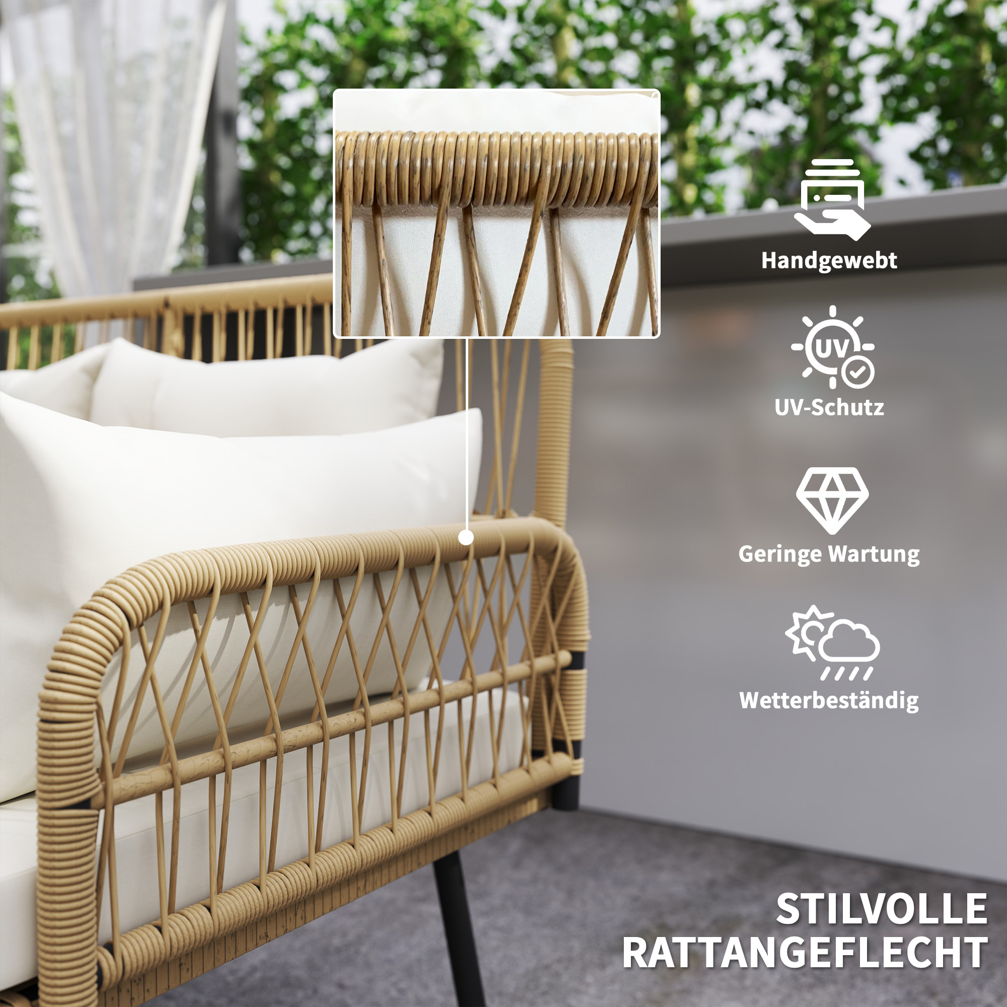 Gartensofa mit Kissen 2-Sitzer Sofa Outdoor Balkon Sofa Rattansofa Polyrattan 115 x 61 x 82 cm Naturholz