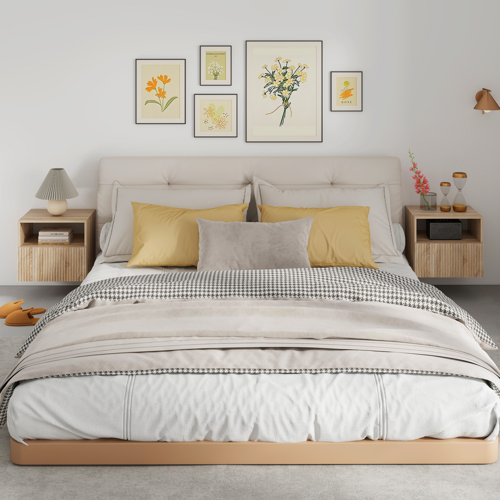 Nachttisch, griffloses Design, offenes Fach, Schublade, Wandmontage, Hellbraun