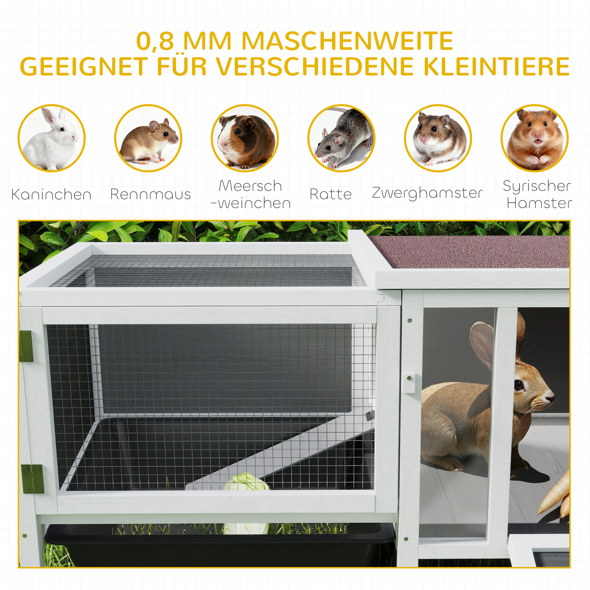 Hasenstall Kaninchenstall aus Holz mit Freilaufgehege, Rampe, 3 Eingängen, Ausziehschale, 105 x 57,5 x 51,5 cm Grau