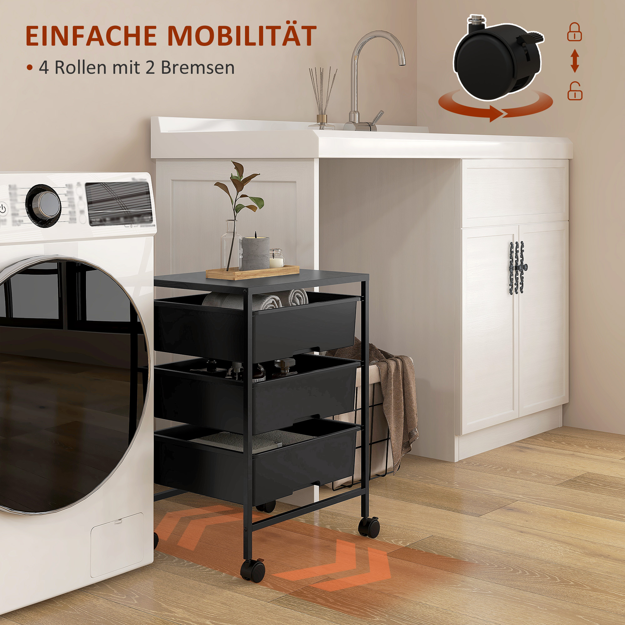 Beistellwagen mit Rädern, 3 Körbe für Transport und Aufbewahrung, Küchenwagen, 40,8L x 33,5B x 60,5H cm, Schwarz