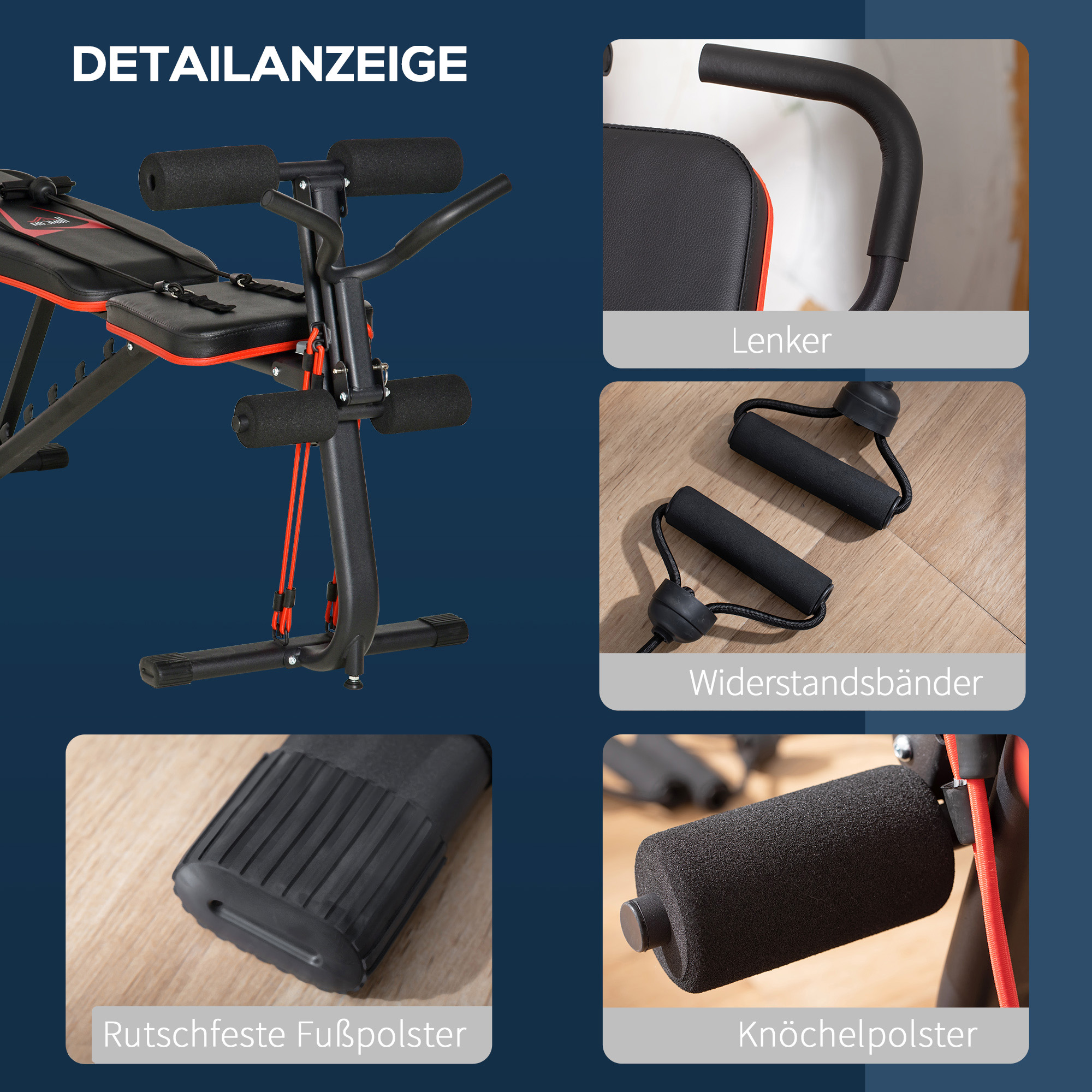 Hantelbank verstellbare Trainingsbank mit elastischer Seils Sit Up-Bank für Heimtraining 6 Stufen Rückenlehne-Gefälle Gewicht bis 150 kg Stahl Kunstleder Schwarz+Rot 145 x 49 x 48-127 cm