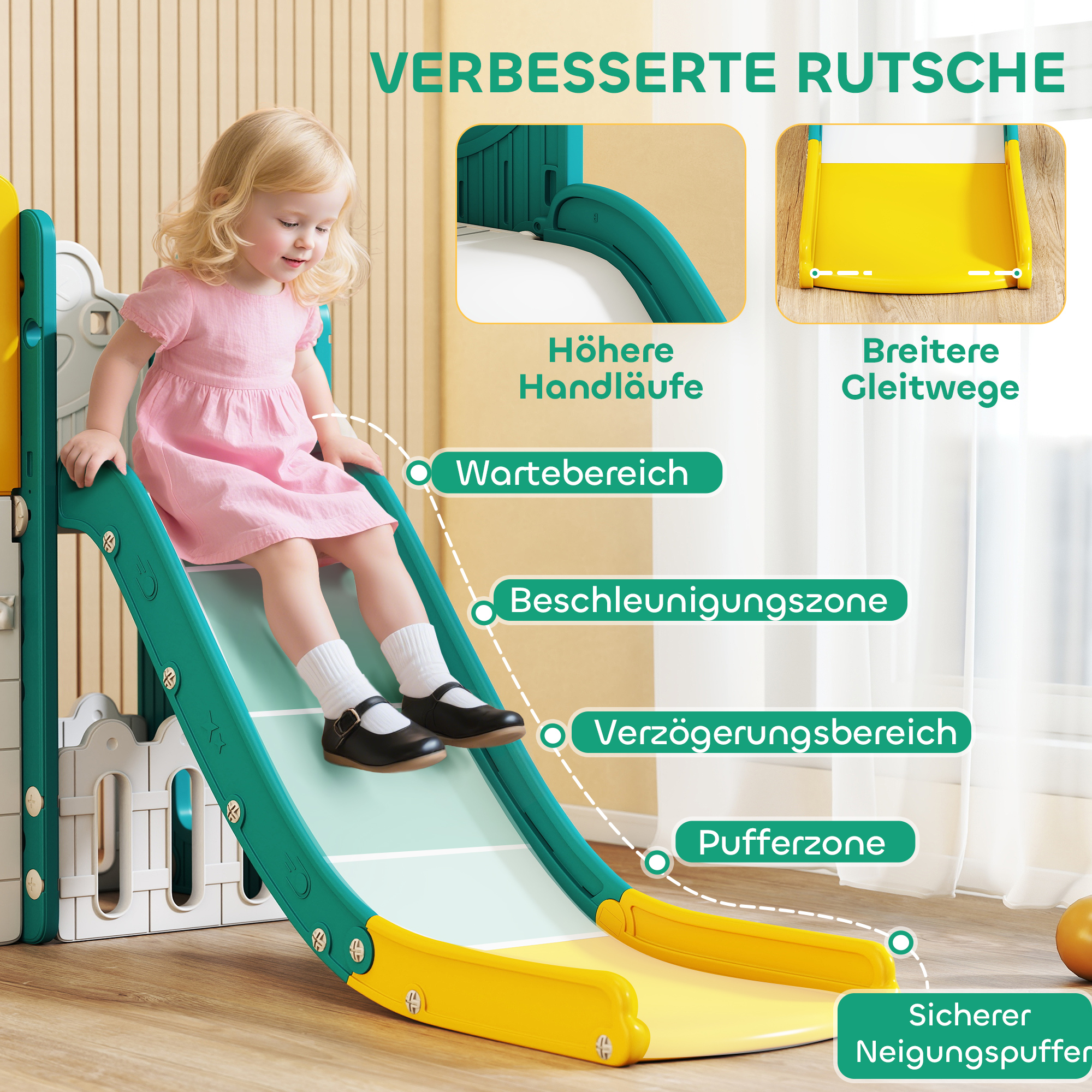 7-in-1 Rutschenset für Kleinkinder, Basketballkorb, Froschdesign, Klettergerüst, Schaukelsitz, für drinnen und draußen, Gelb+Grün