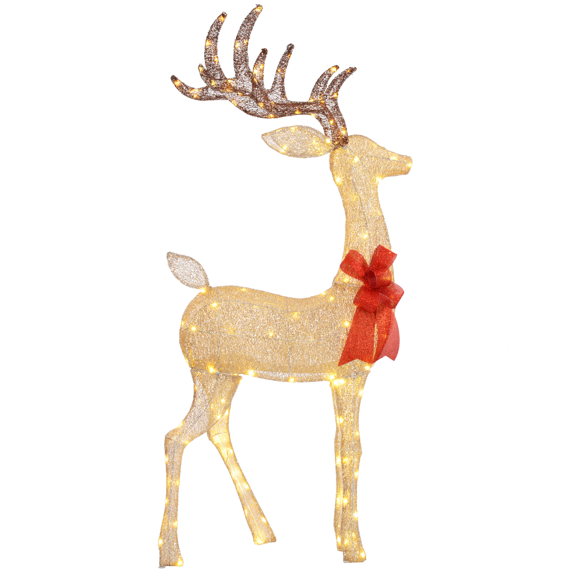 Rentier mit roter Schleife, 137 LEDs, Weihnachtsbeleuchtung, wetterfest, 66 x 25 x 135 cm, Gold