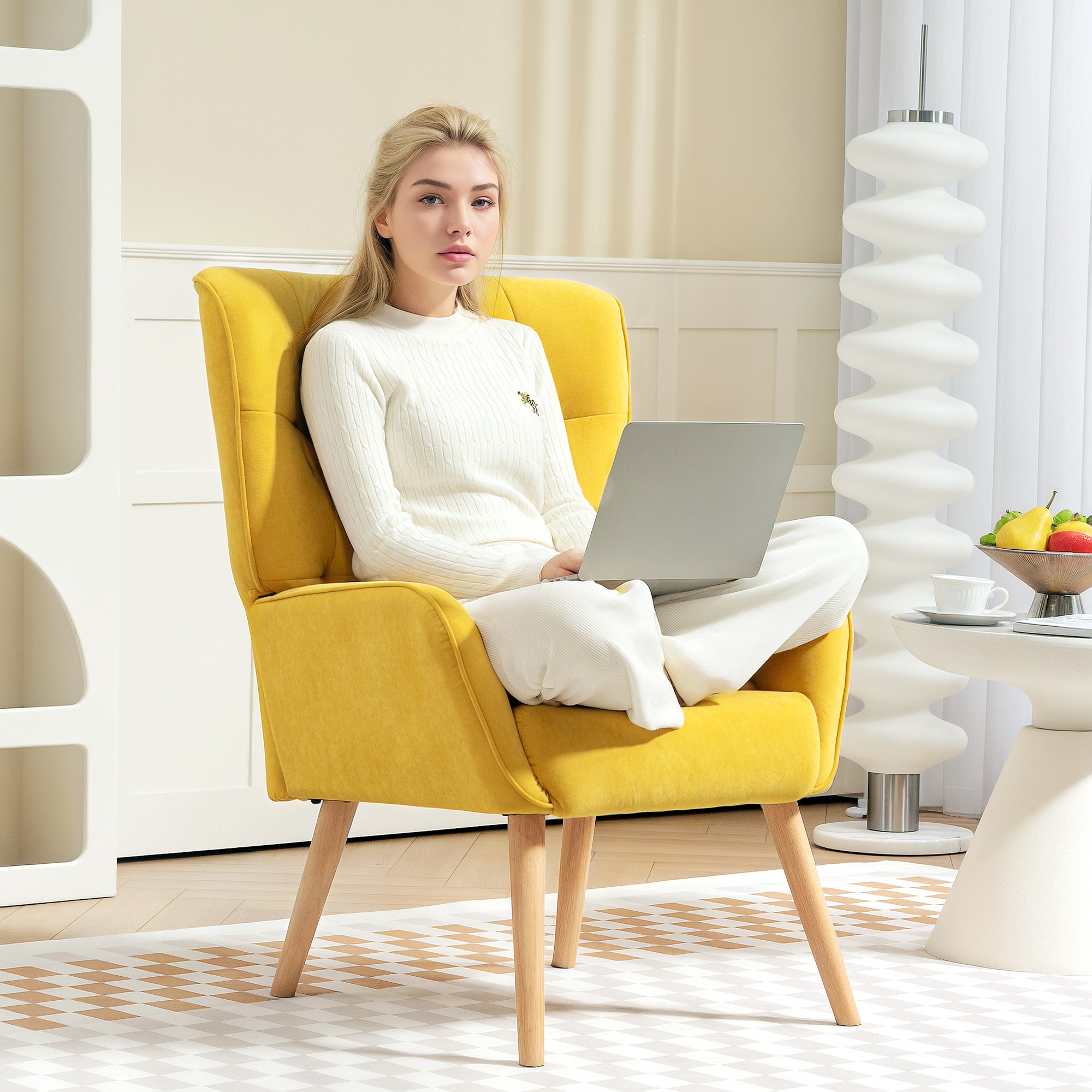 Polstersessel, Wohnzimmersessel mit Steppung, weicher Bezug in Samtoptik, bis 120 kg, Gelb