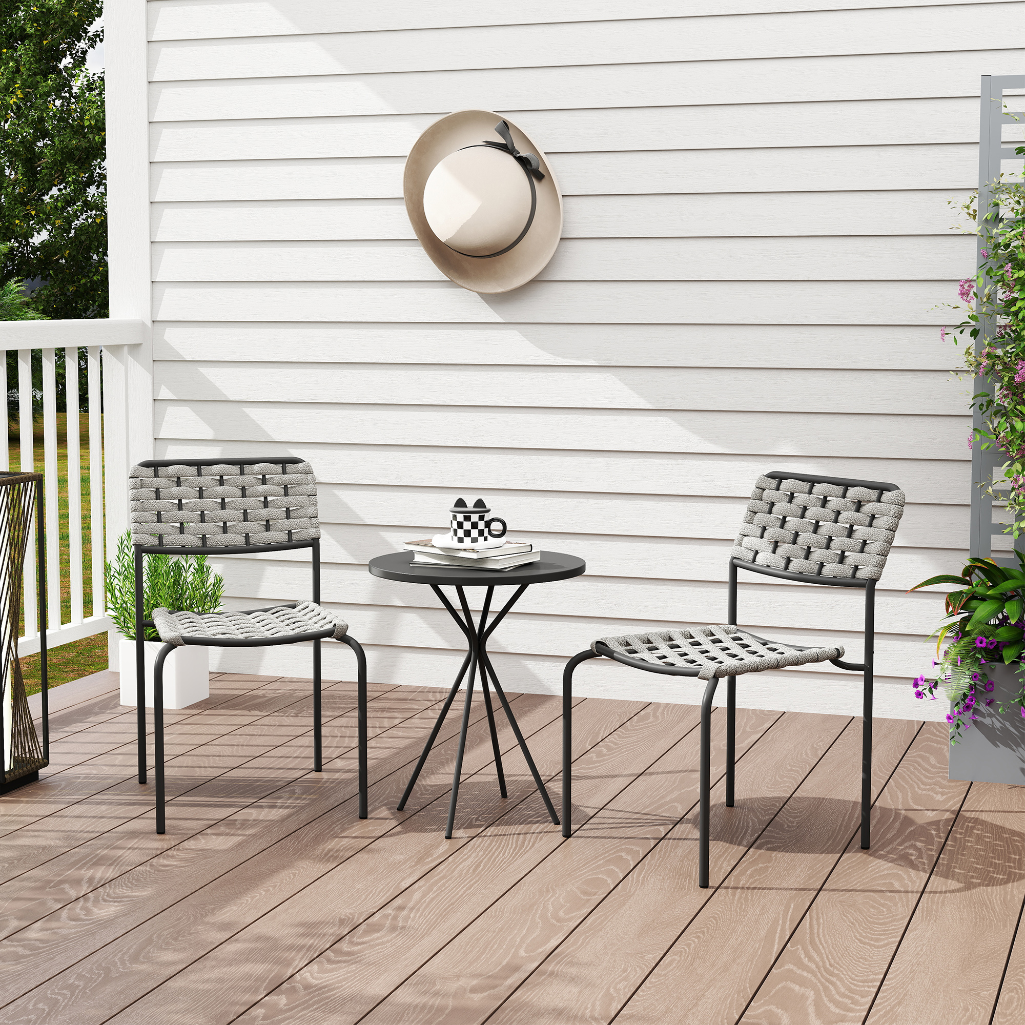 Polyrattan Gartenmöbel Set, Outdoor Lounge Balkonmöbel für 2 Personen, 3-teilig 2 Stühle, Tisch Grau