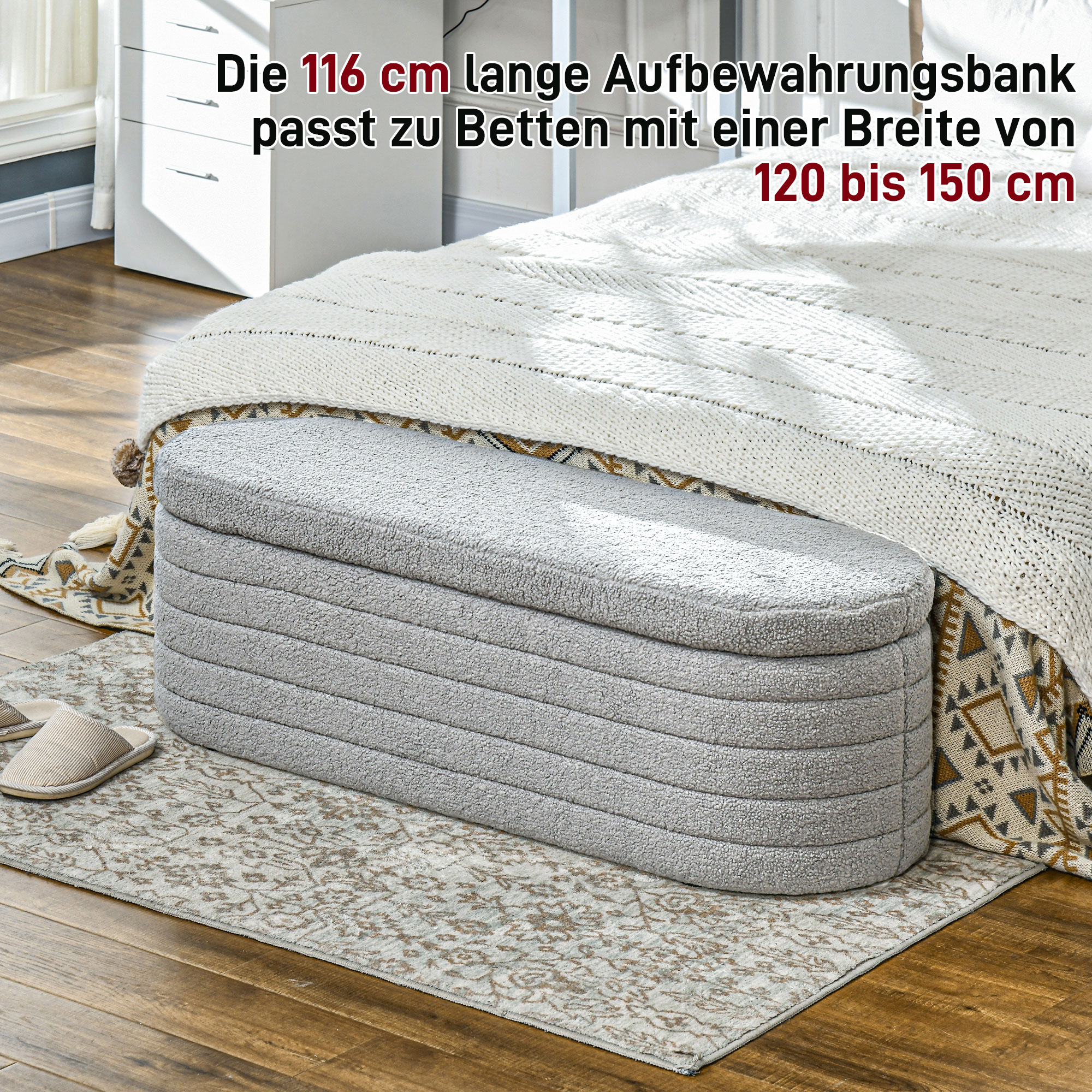 Bettbank, Stauraum, Teddy-Fleece, 116x41x40,5cm, Hellgrau