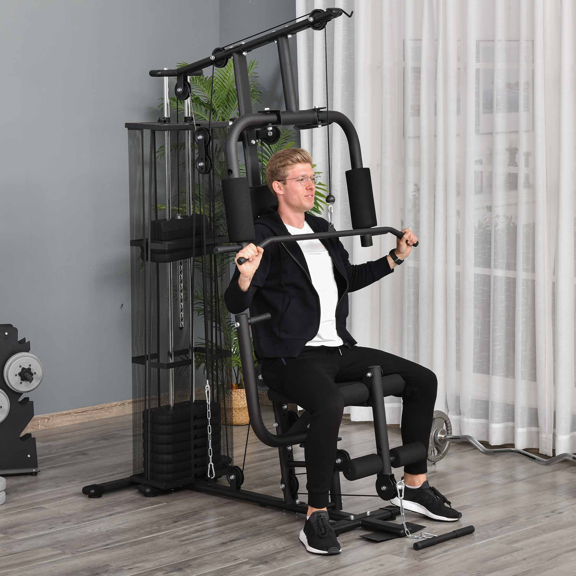 Kraftstation Fitnessstation Fitnessgerät Multifunktion Krafttraining Multistation Trainingsstation mit Latzug Butterflystange 45kg Gewichten Seil, Fitnessgeräte für Zuhause Schwarz