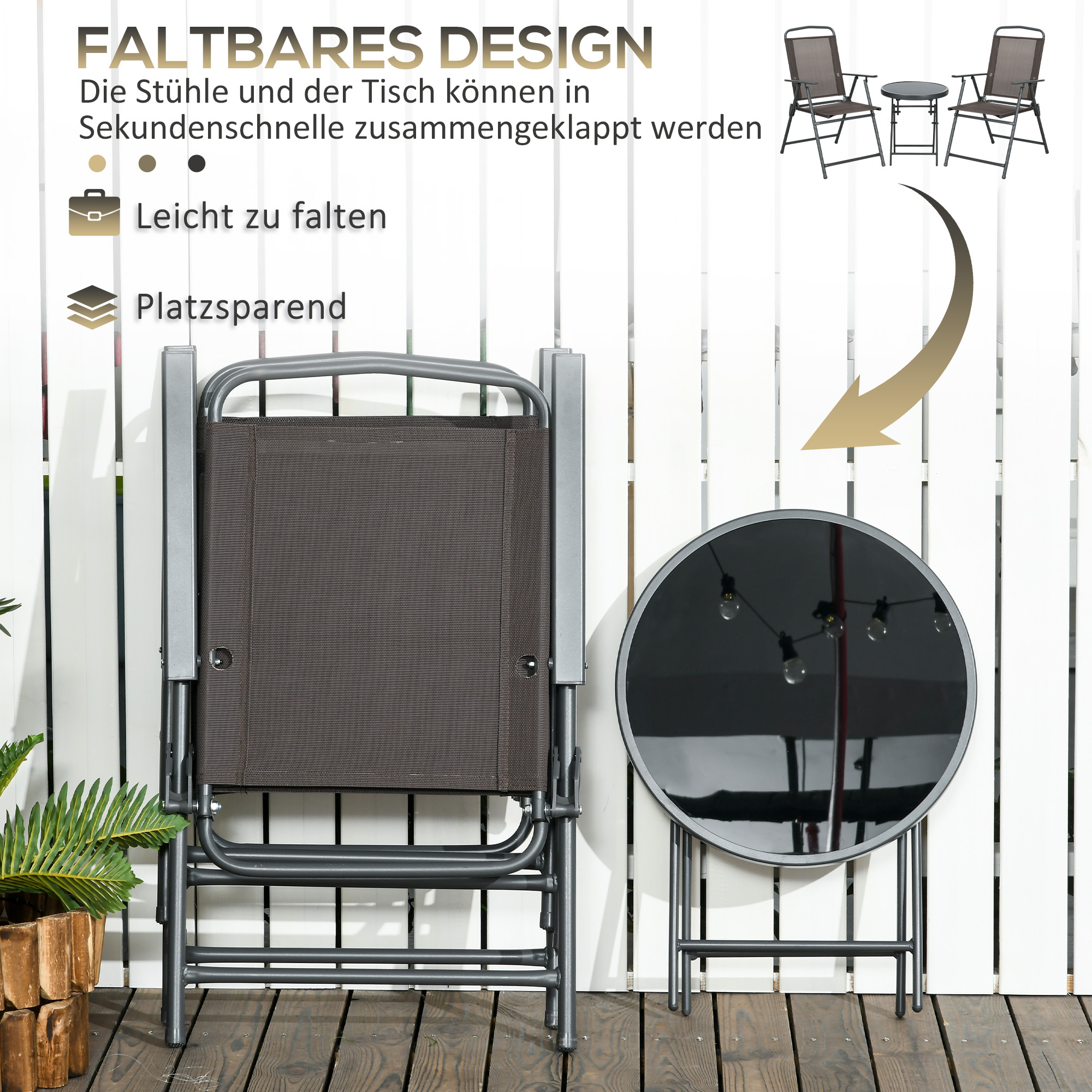 Bistro-Set 3-teilig aus Metall Wetterfest Gartenmöbel Set mit klappbar Glastisch Gartenstühlen Braun