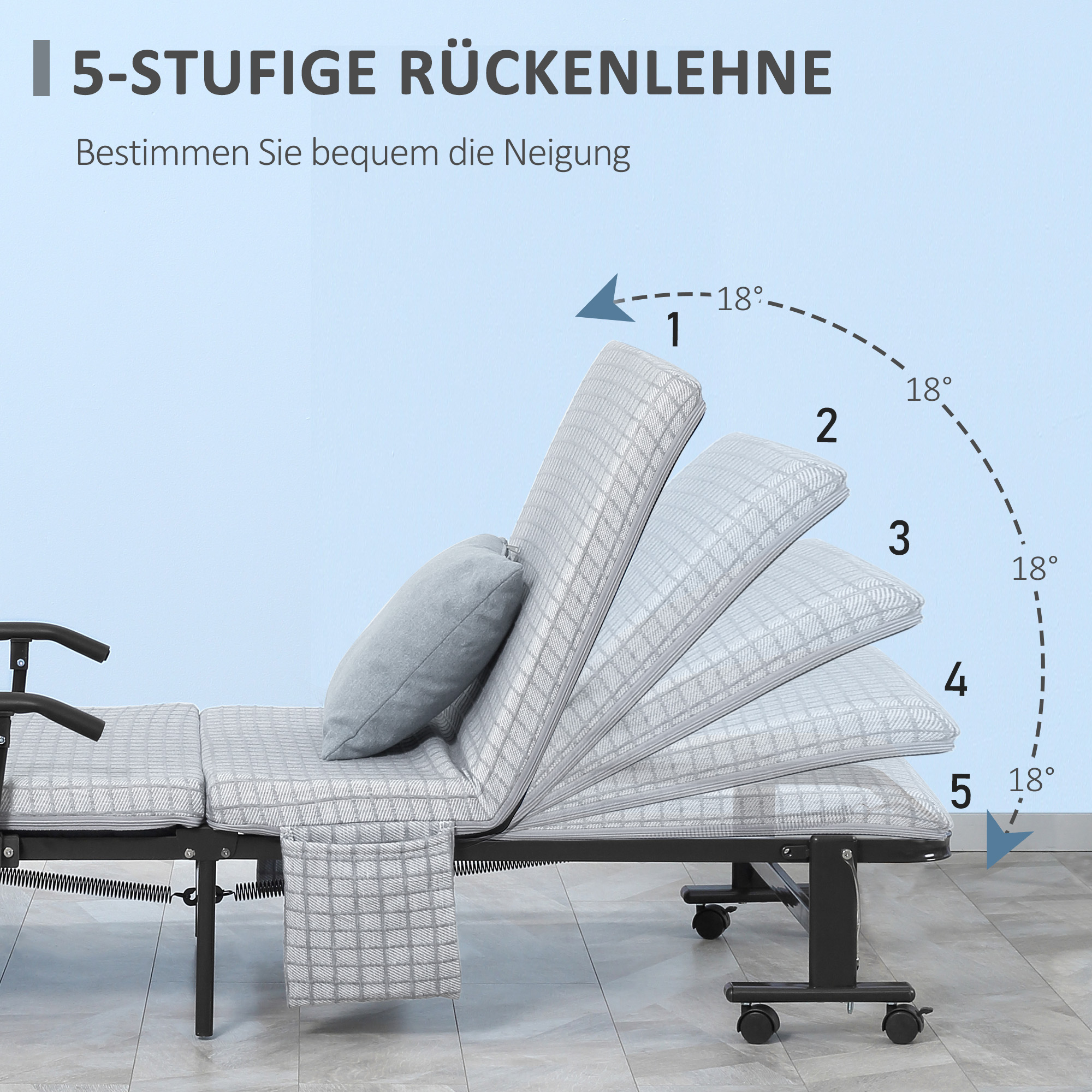 Klappbett, Gästebett, neigbare Rücklehne, Armlehnen, 8 Rollen, Stahlrahmen, hellgrau+schwarz, 190 x 76 x 33cm