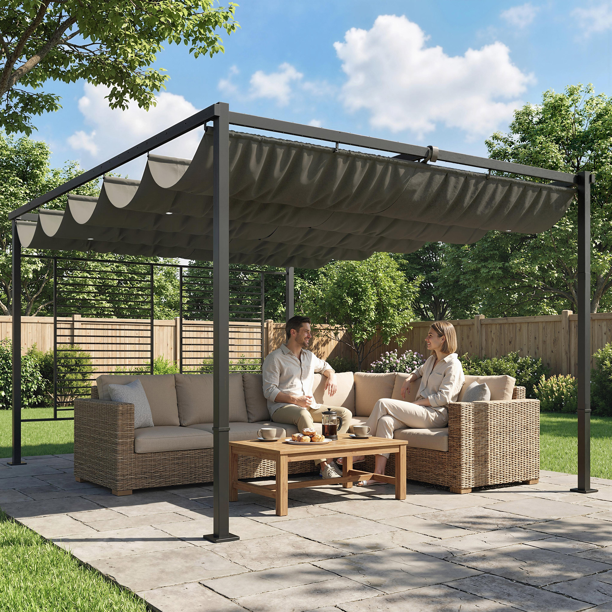 Pergola 3,87 x 2,97 m Terrassenüberdachung mit Schiebedach, 2 Sichtschutz, UV 50+ Dunkelgrau