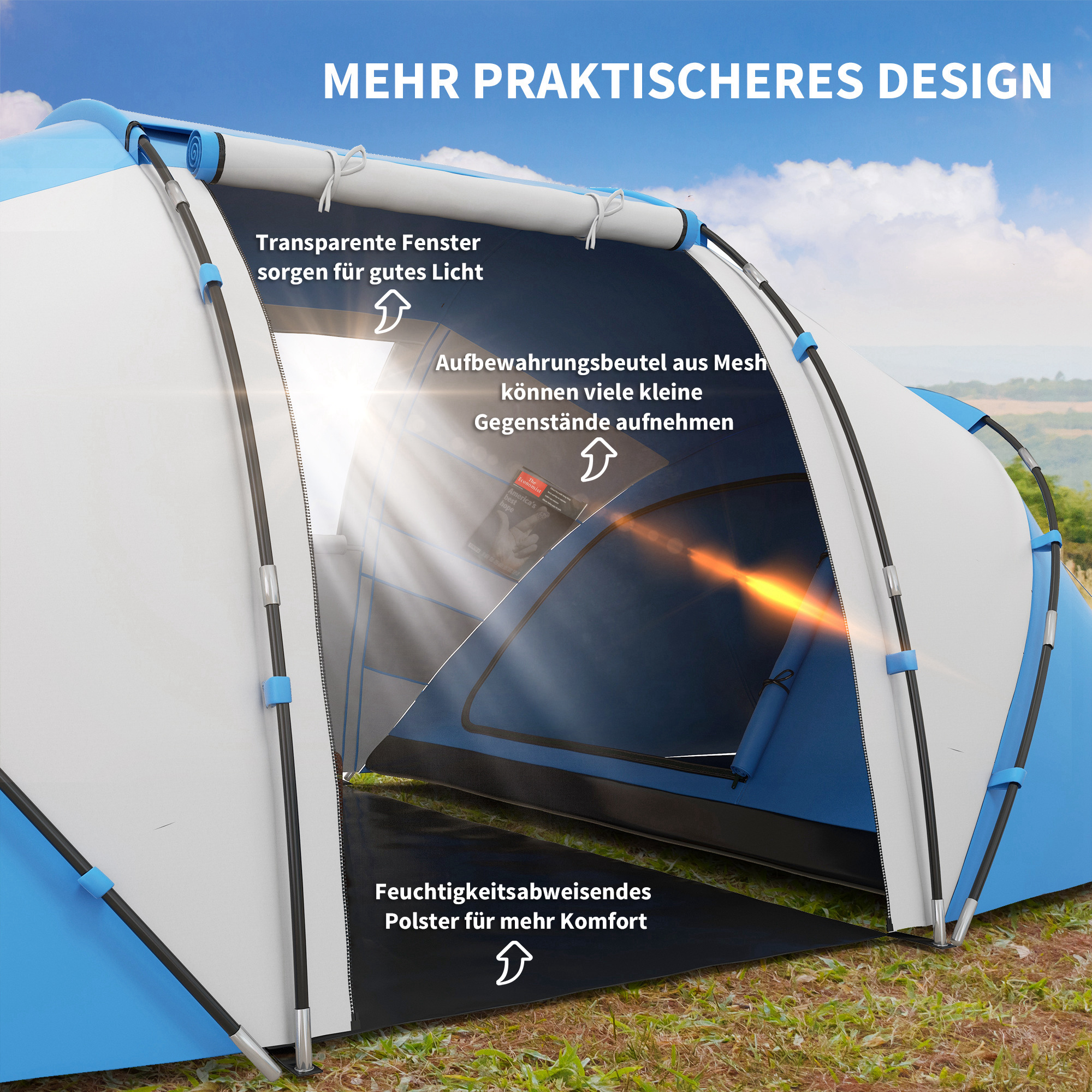 Campingzelt für 4-6 Personen leicht, stabil wasserdicht Familienzelt mit Eingang Bodenplane, Zelt mit 2000mm Wassersäule Tunnelzelt Kuppelzelt für Camping Reise Trekking Garten, Blau