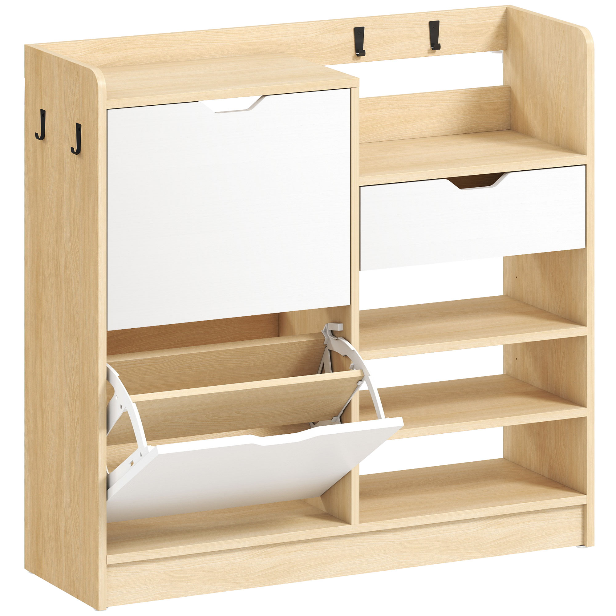 Schuhregal für Flur, Schuhschrank mit Kippschubladen, offenen Regalen, 4 Haken, für bis zu 14 Paar Schuhe, Natur