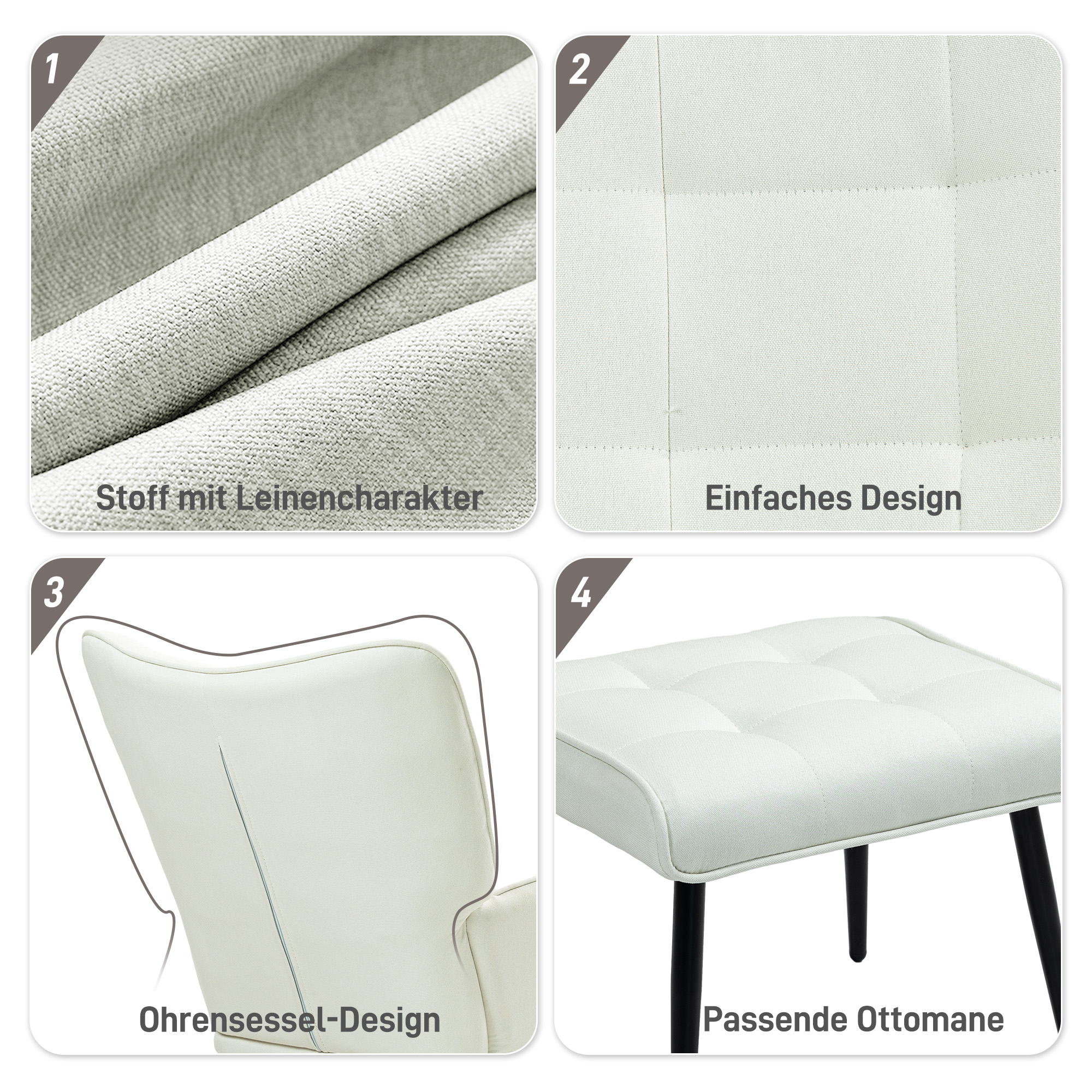 Schaukelstuhl mit Hocker, sanftes Schaukelsystem, Leinenimitat, 64 x 89 x 90 cm, Cremeweiß