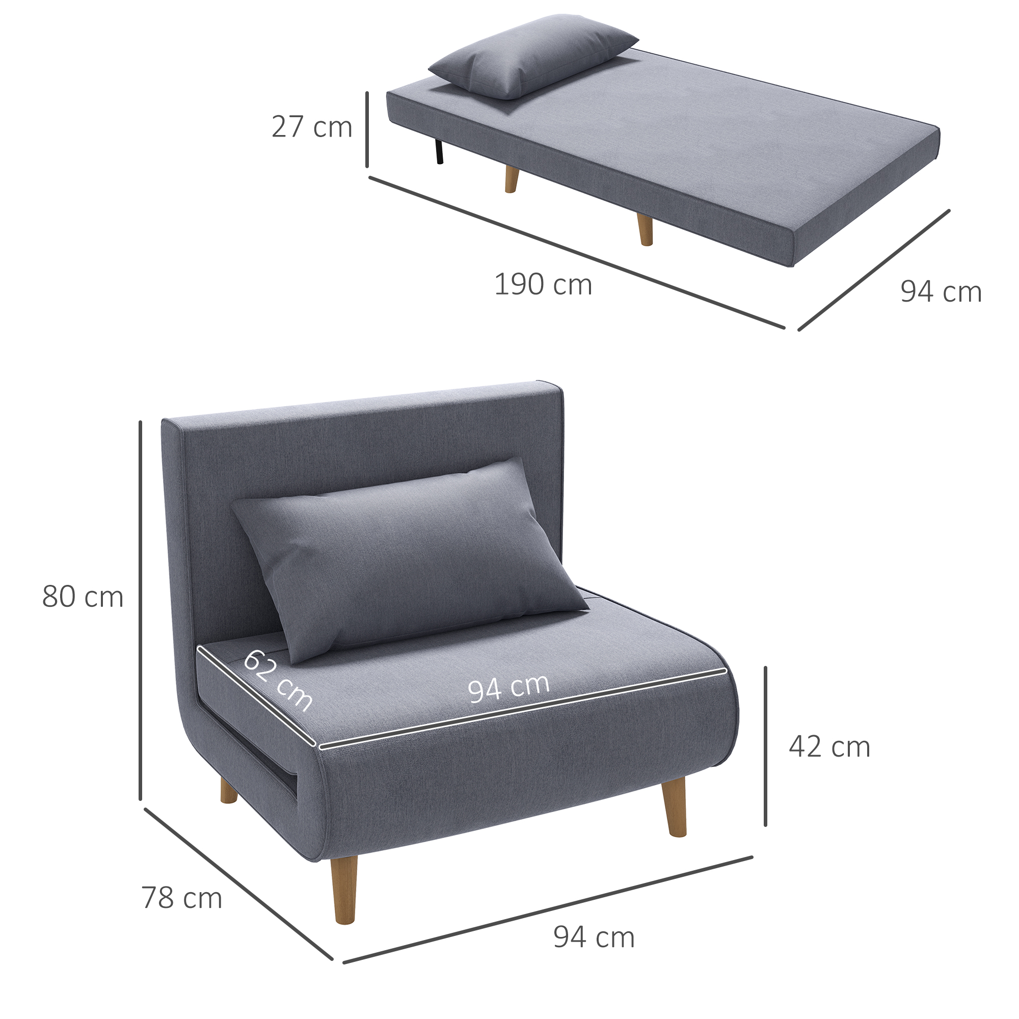 Einzelsofa Schlafsofa Sofabett Klappsofa verstellbar Rückenlehne Liege nordisch skandinavisch 25D Schaumstoff Haus Leinenimitat Tannenholz Grau 94 x 78 x 80 cm