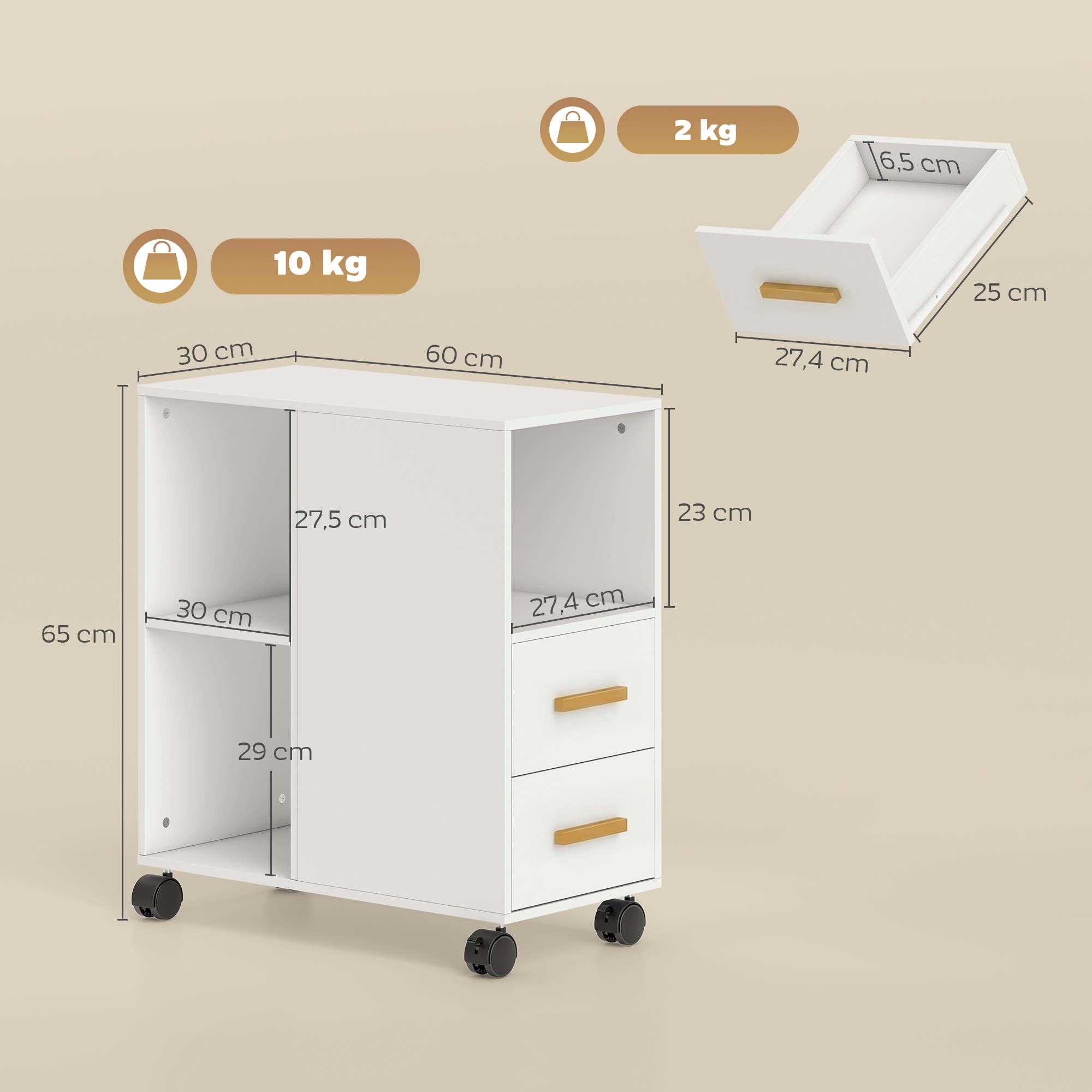Druckerständer Druckertisch mit Verstellbar Ablage, Rollen für Fax Scanner 60 x 30 x 65 cm Weiß