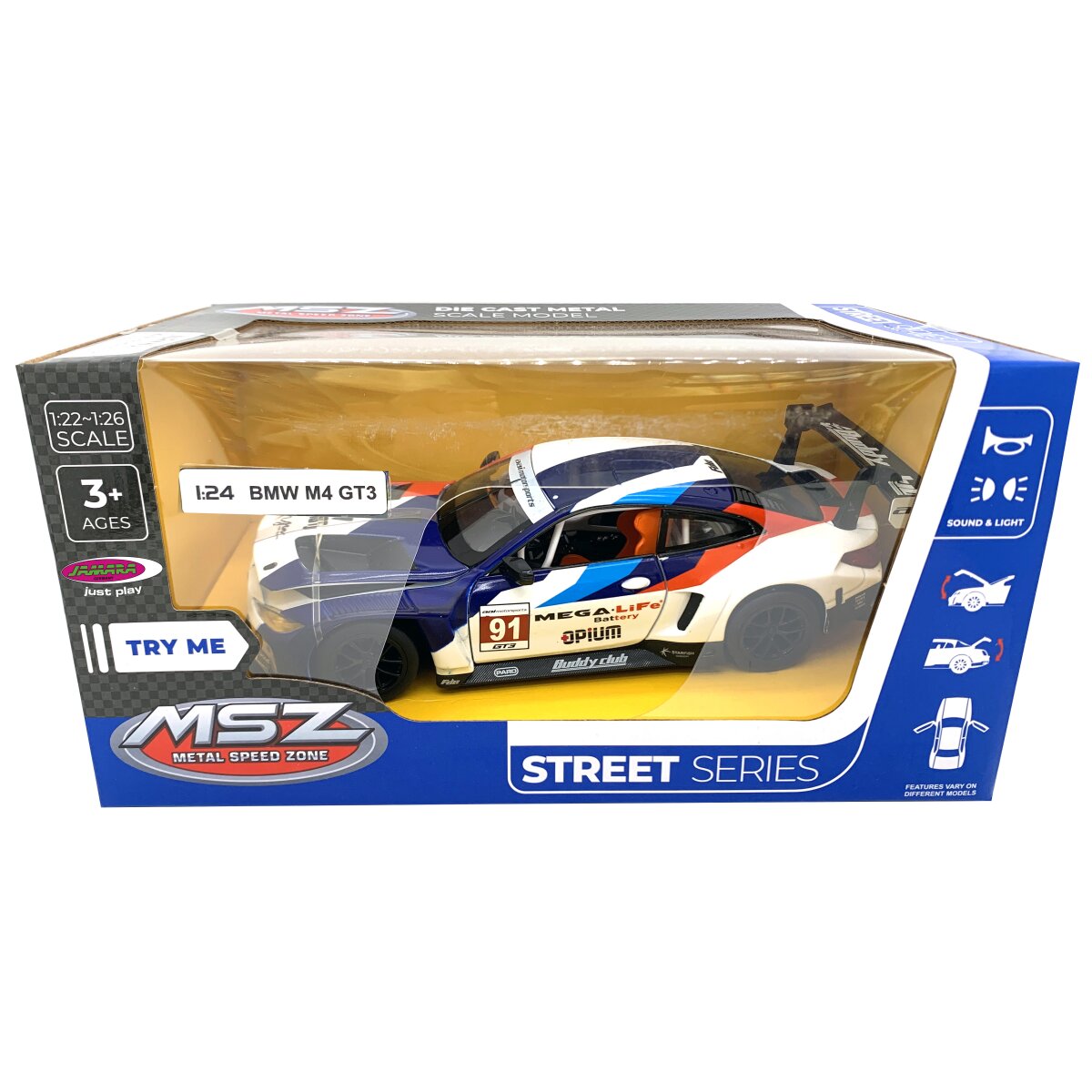 BMW M4 GT3 Diecast 1:24 weiß inkl. Knopfzellen