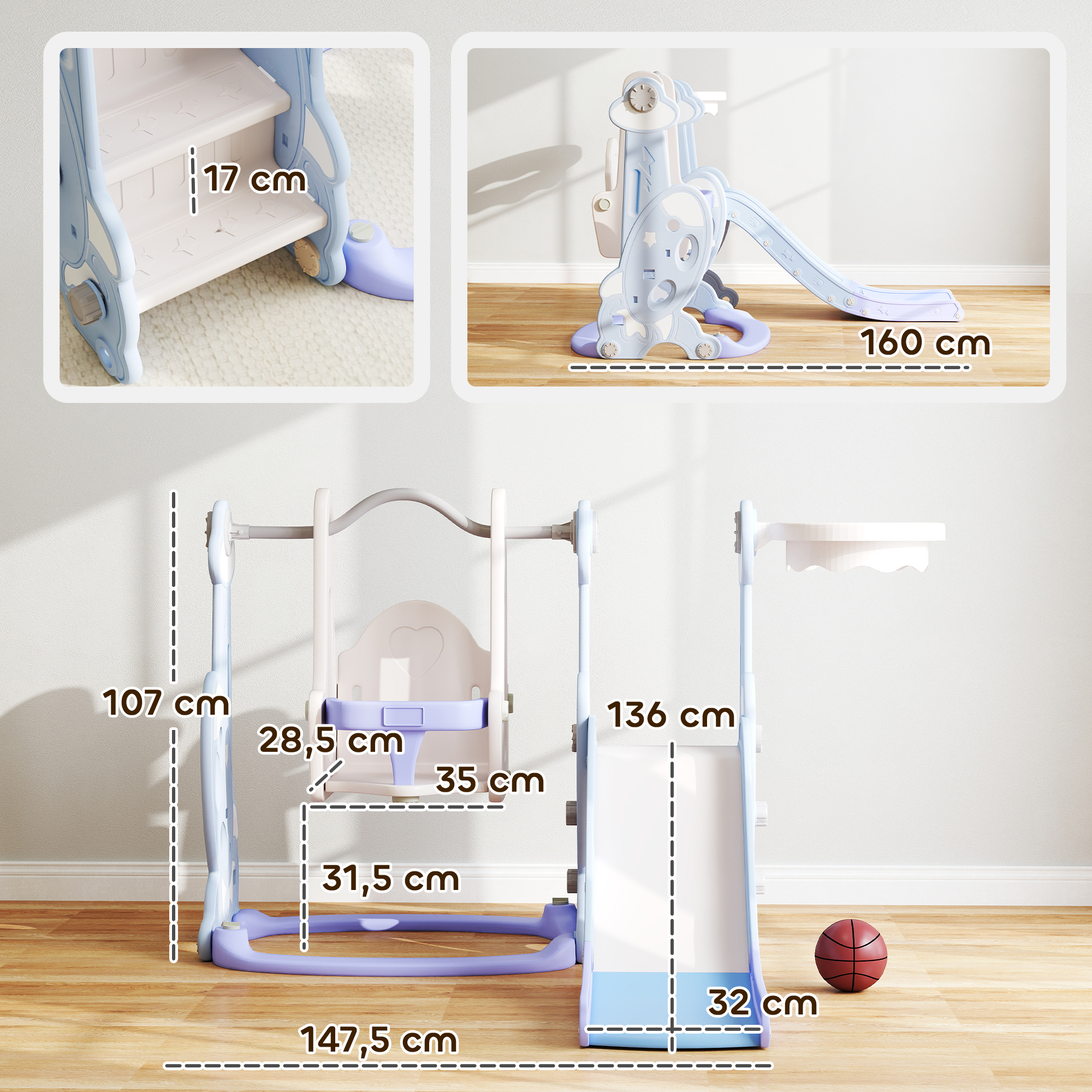 4-in-1 Indoor-Spielplatz, Rutsch- und Schaukelset für Kleinkinder, Basketballkorb, Raketendesign, Kunststoff, Hellblau