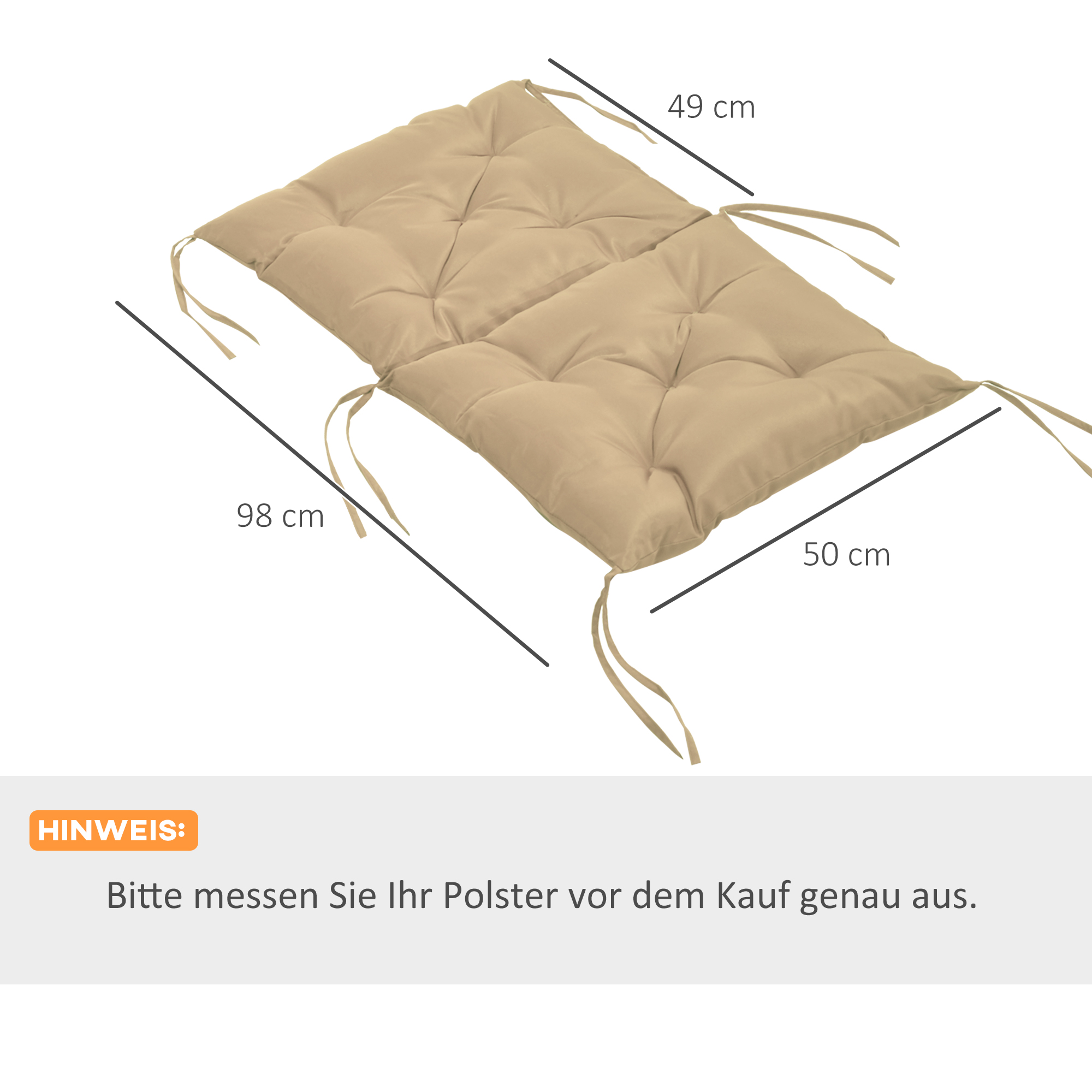 2er-Set Sitzkissen, 98 x 50 cm Stuhlkissen mit Bindebänder, Stoffbezug, 8cm dick Khaki
