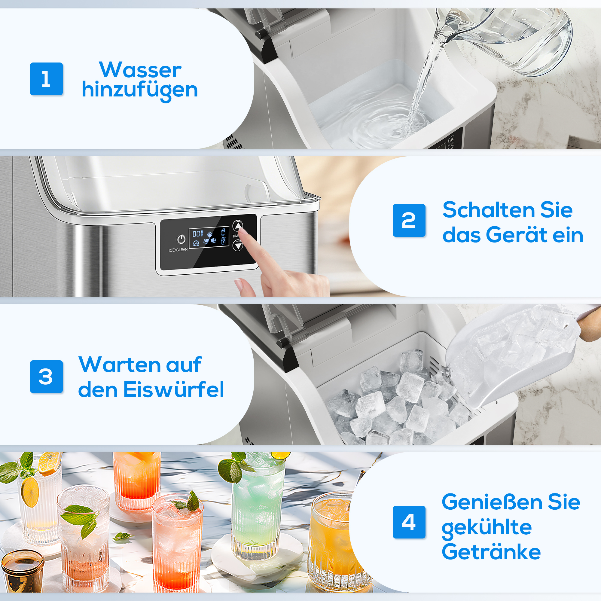 Eiswürfelmaschine, Eiswürfelspender, Ice-Maker, 20 kg/24h Eiswürfelbereiter mit 2,1 L Wassertank, Silber