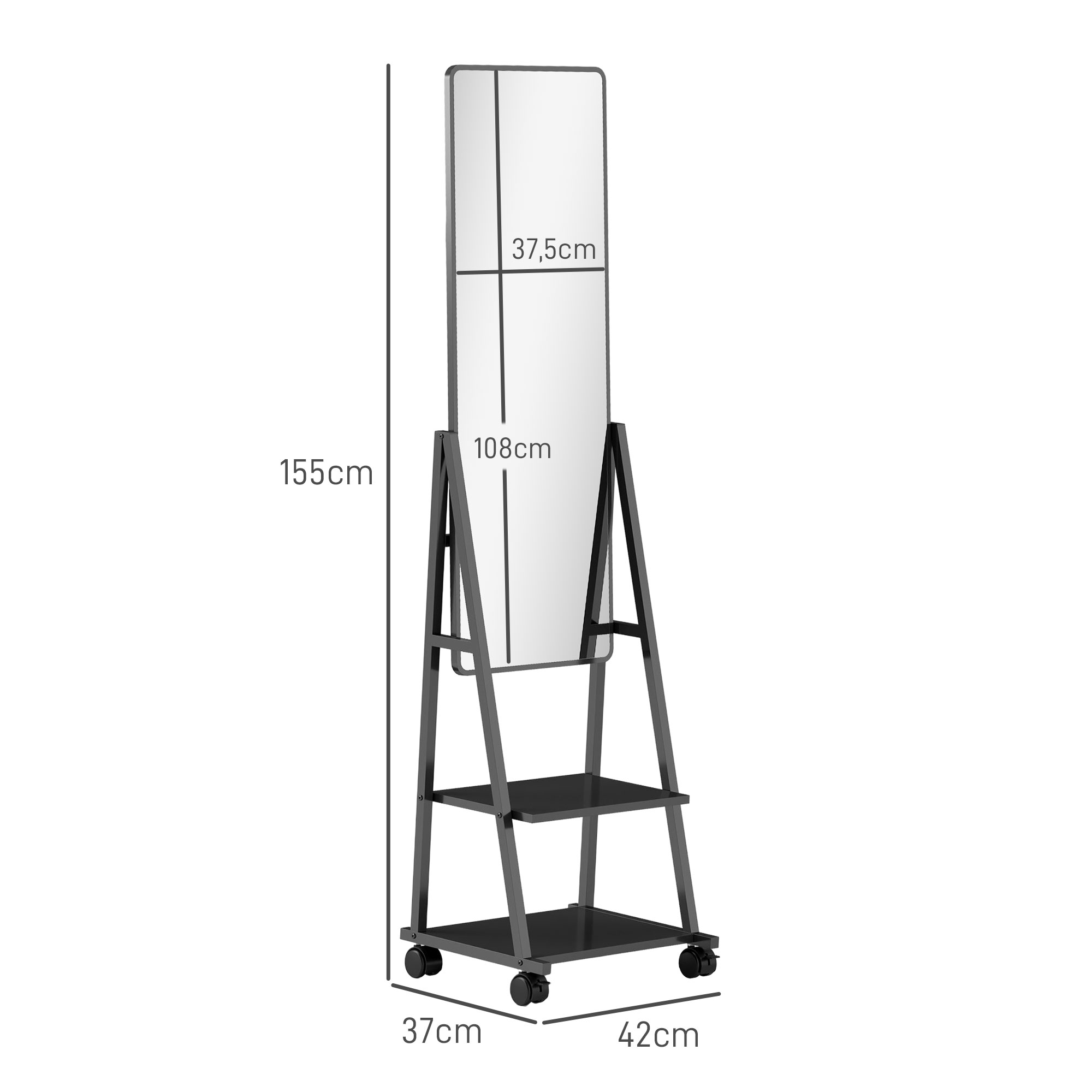 Rollbarer Ganzkörperspiegel mit 2 Regalen und 4 Rädern, für Schlafzimmer, Wohnzimmer, Flur, Schwarz