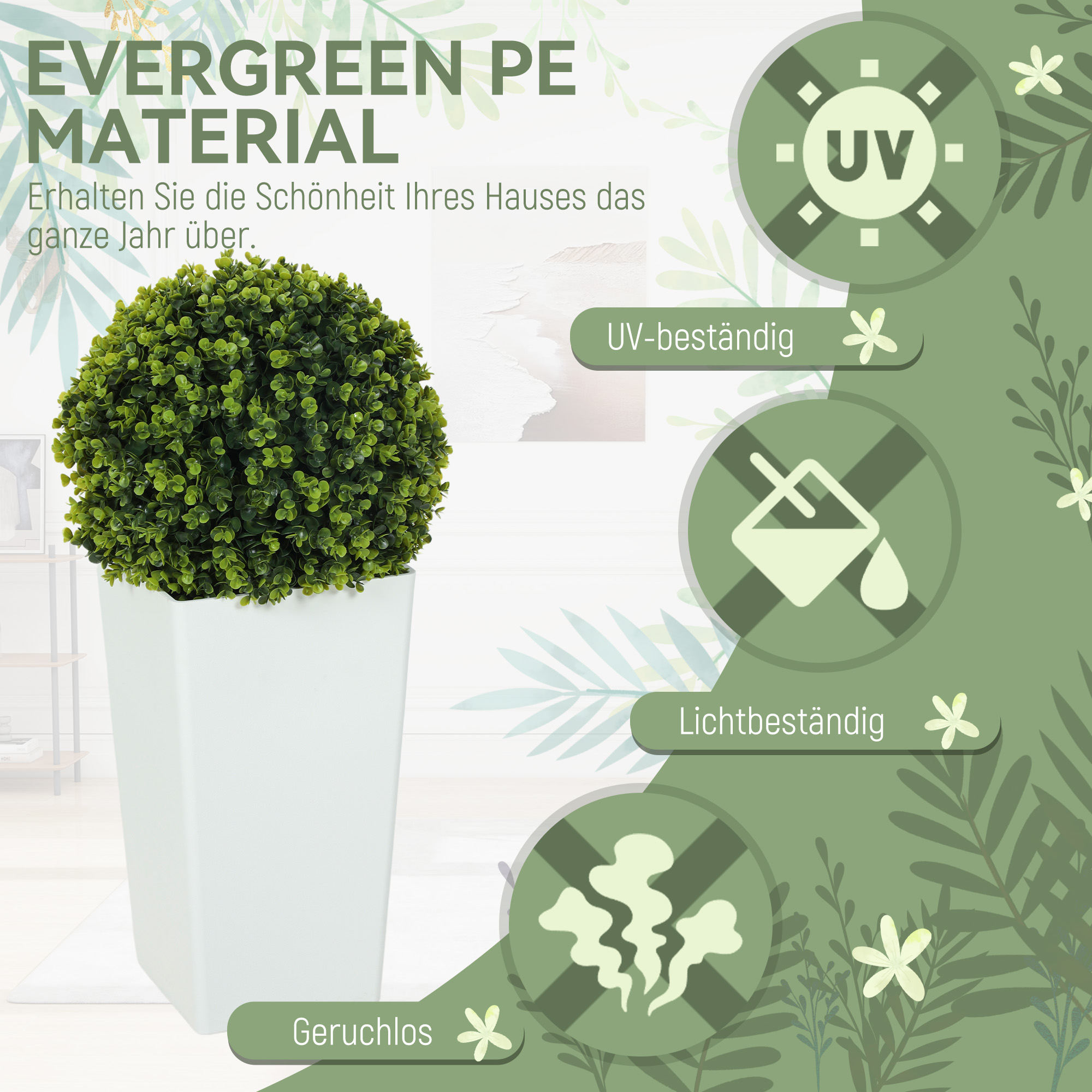 2er-Set Künstlicher Eukalyptuskugeln 65 cm Kunstpflanze mit UV-Schutz, 330 Blättern im Topf, Grün