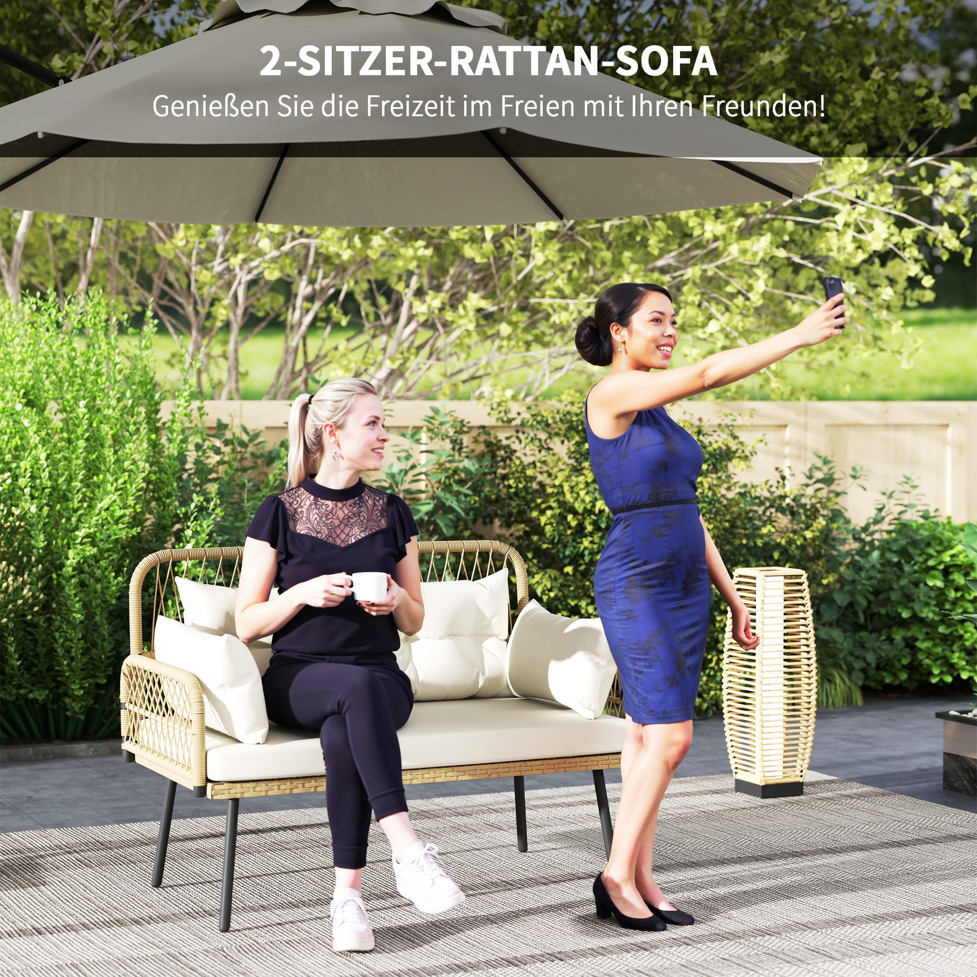 Gartensofa mit Kissen 2-Sitzer Sofa Outdoor Balkon Sofa Rattansofa Polyrattan 115 x 61 x 82 cm Naturholz